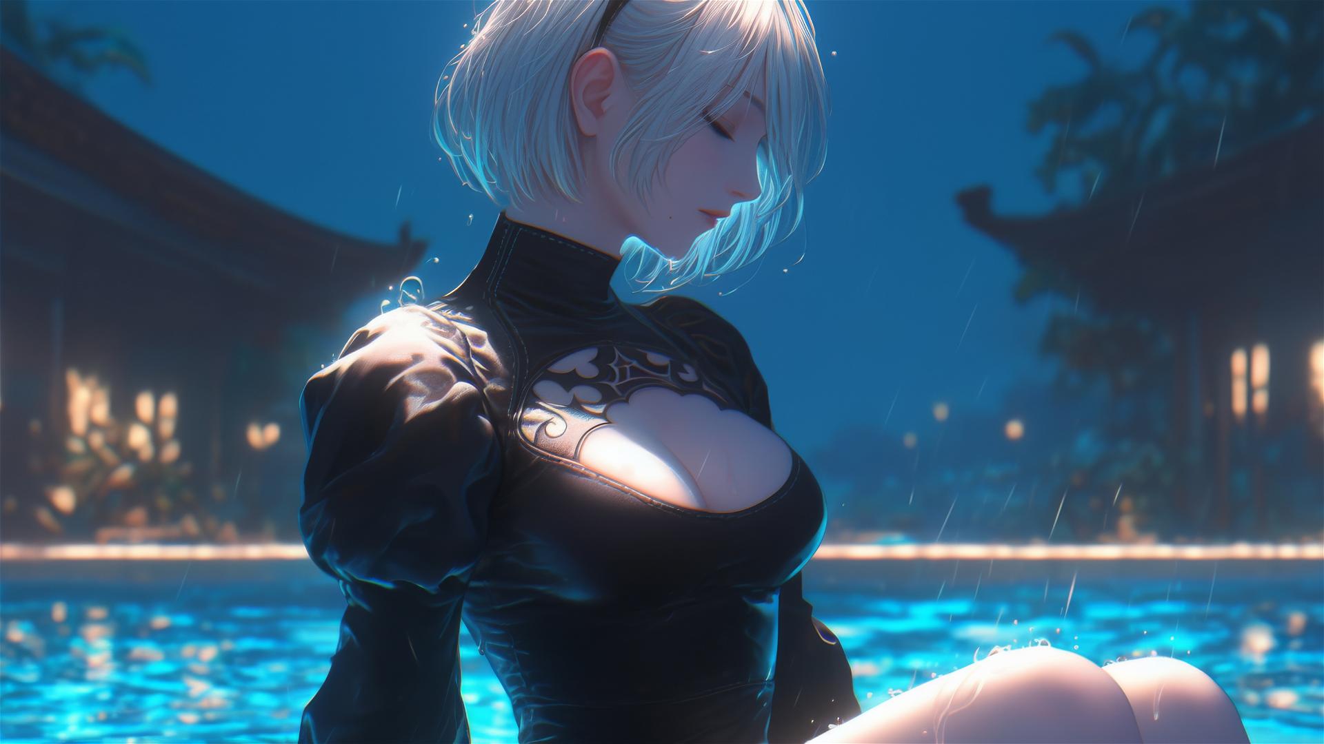 2B from Nier in casual attire, relaxing by a rainy pool with moonlight glow