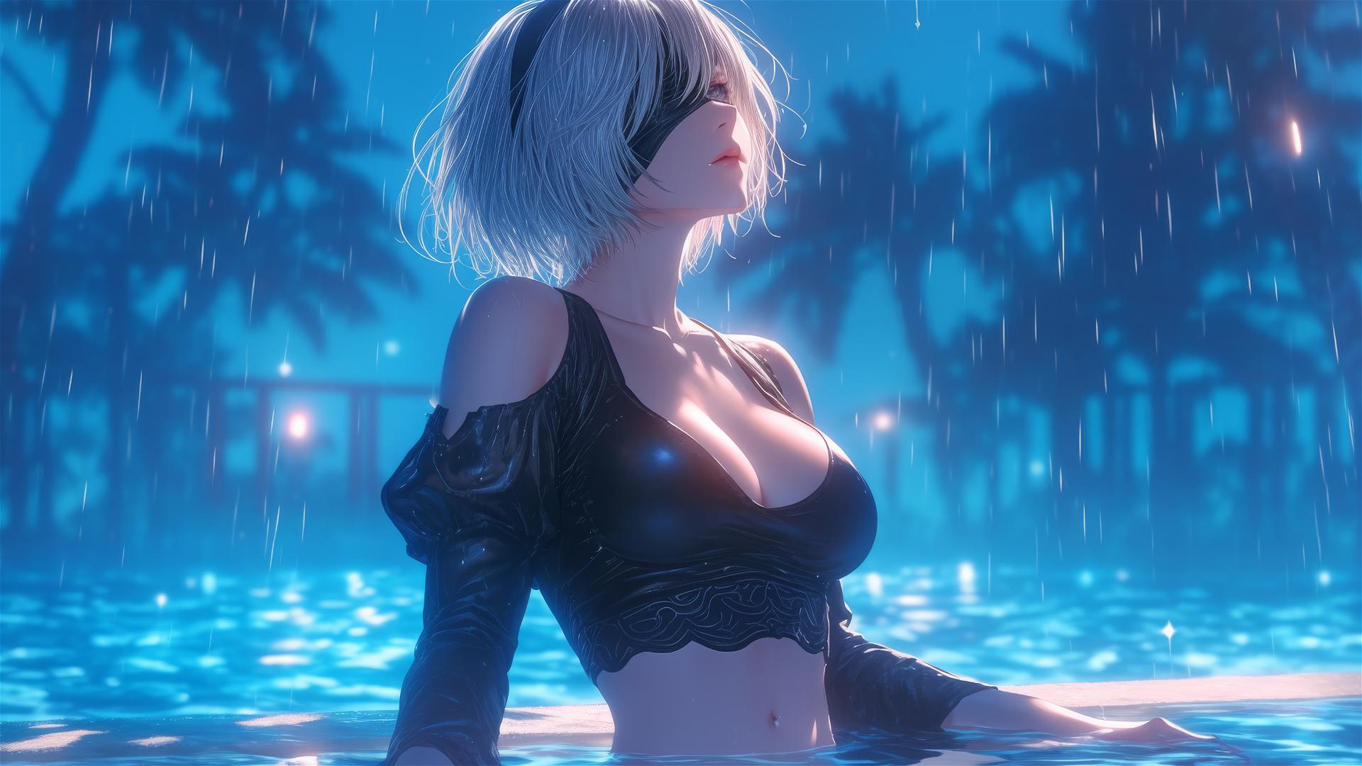2B from Nier in casual attire sits leisurely by a rainy pool under moonlight