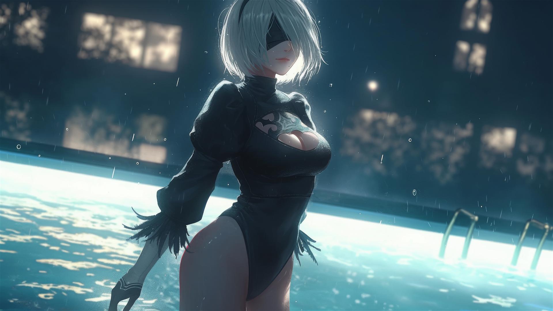 2B from Nier stands by a rainy swimming pool at night, lit by moonlight.