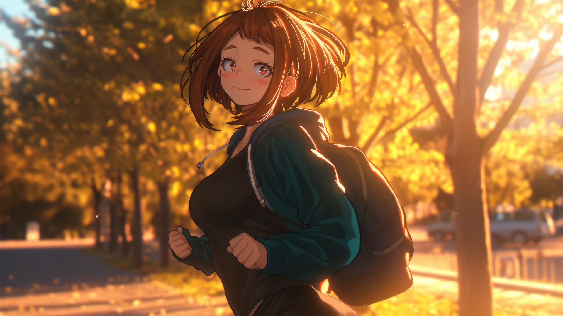 Ochaco Uraraka running leisurely in a modern park at sunrise, warm light glow
