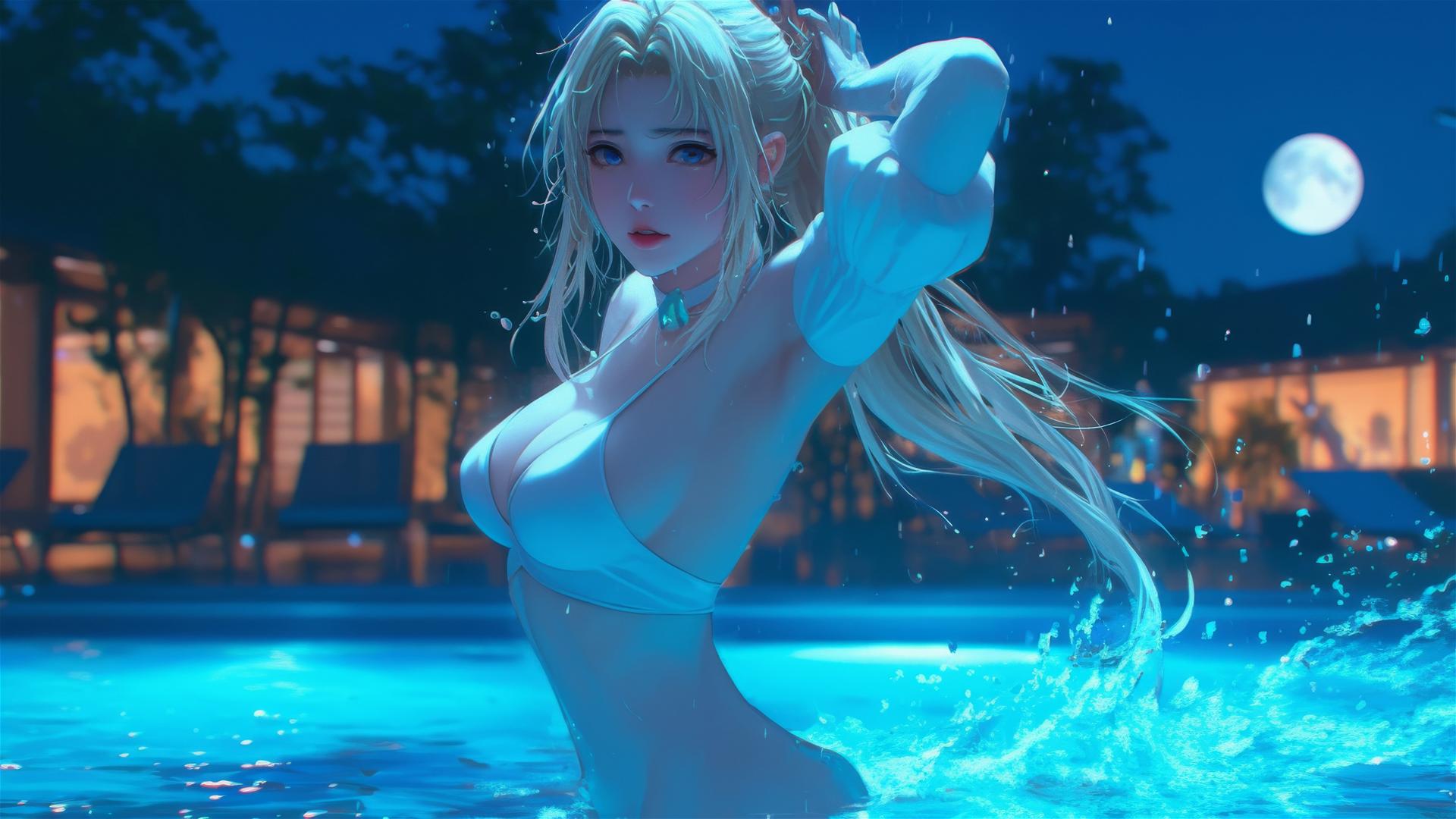 Violet Evergarden jumps out of a swimming pool under moonlight.