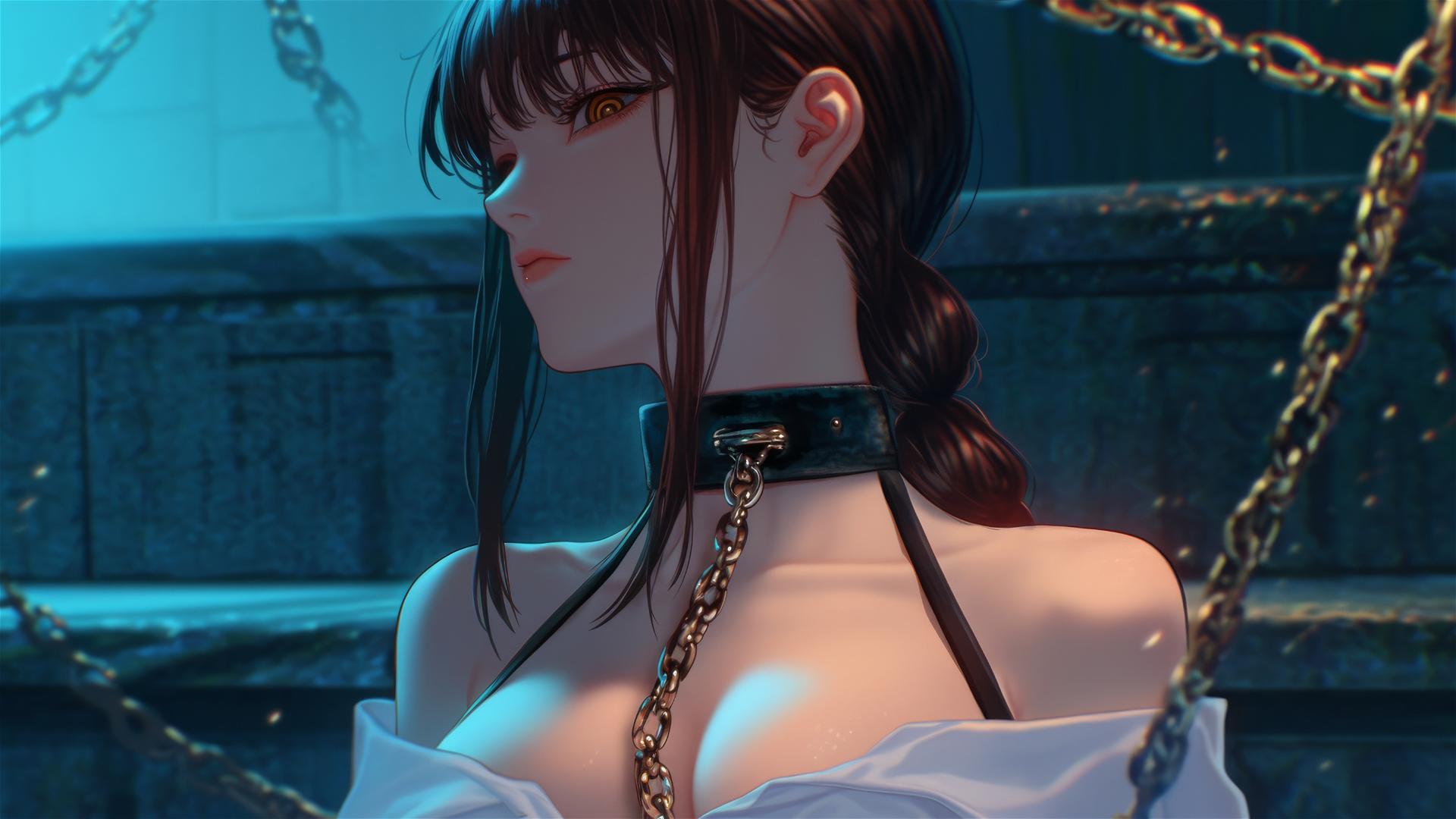 Makima from Chainsaw Man, constrained by thick iron chains in a dark stairwell