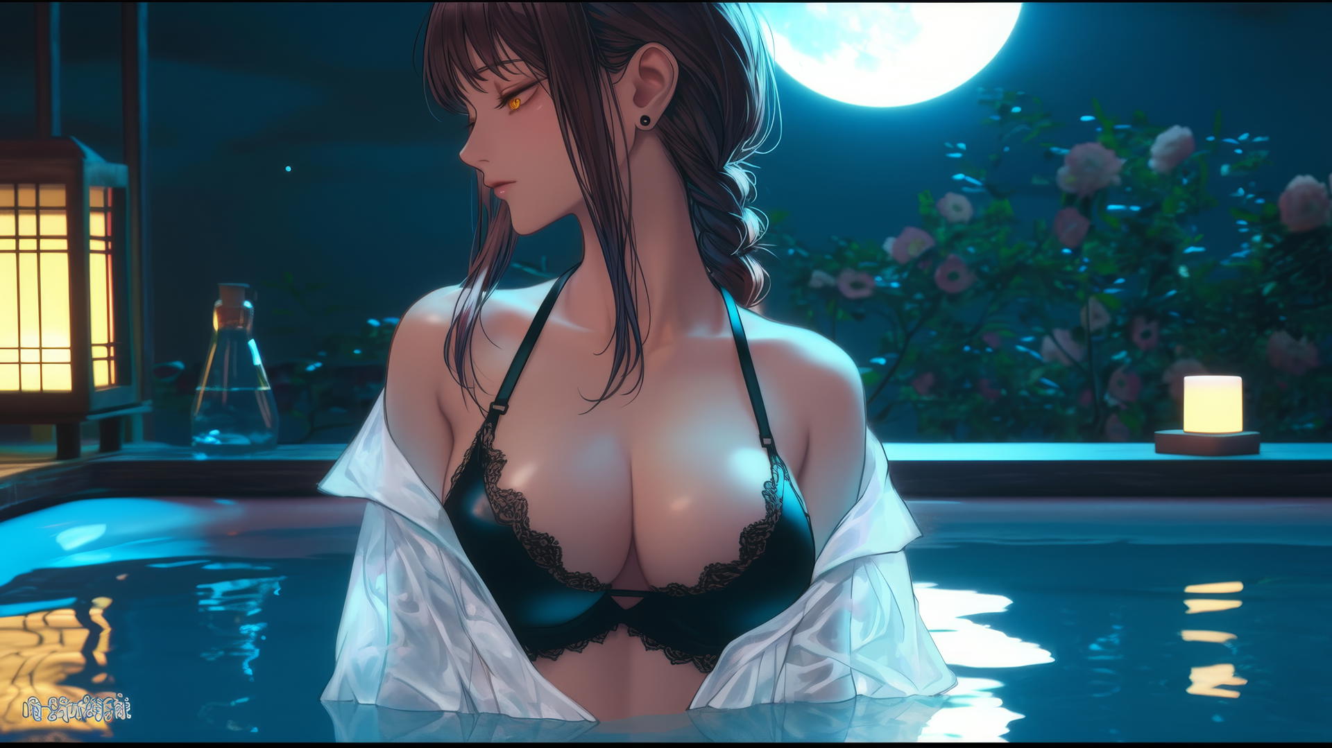 Makima from Chainsaw Man in a tub with moonlight casting a soft glow