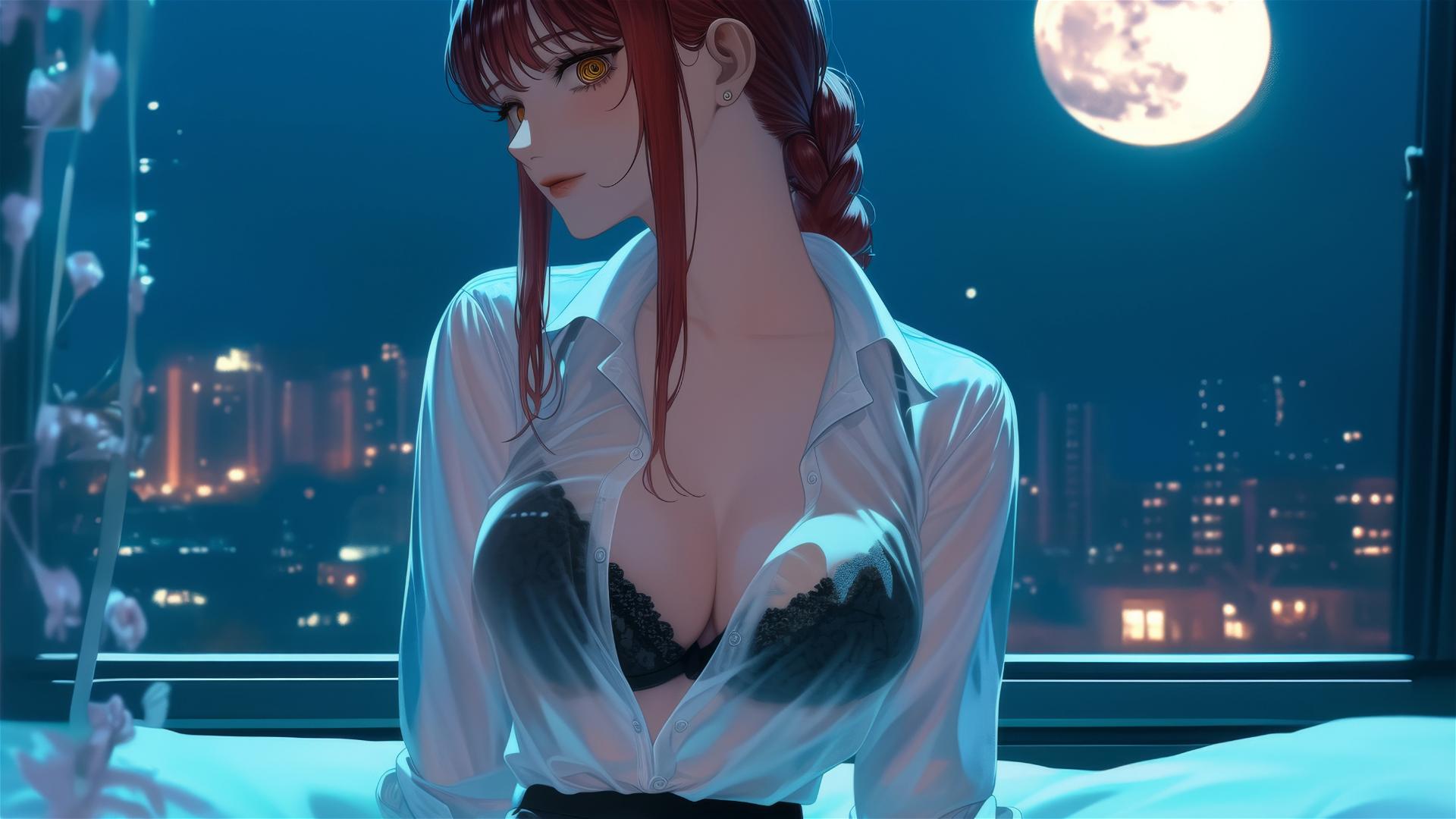 Makima from Chainsaw Man in a room, bathed in soft moonlight