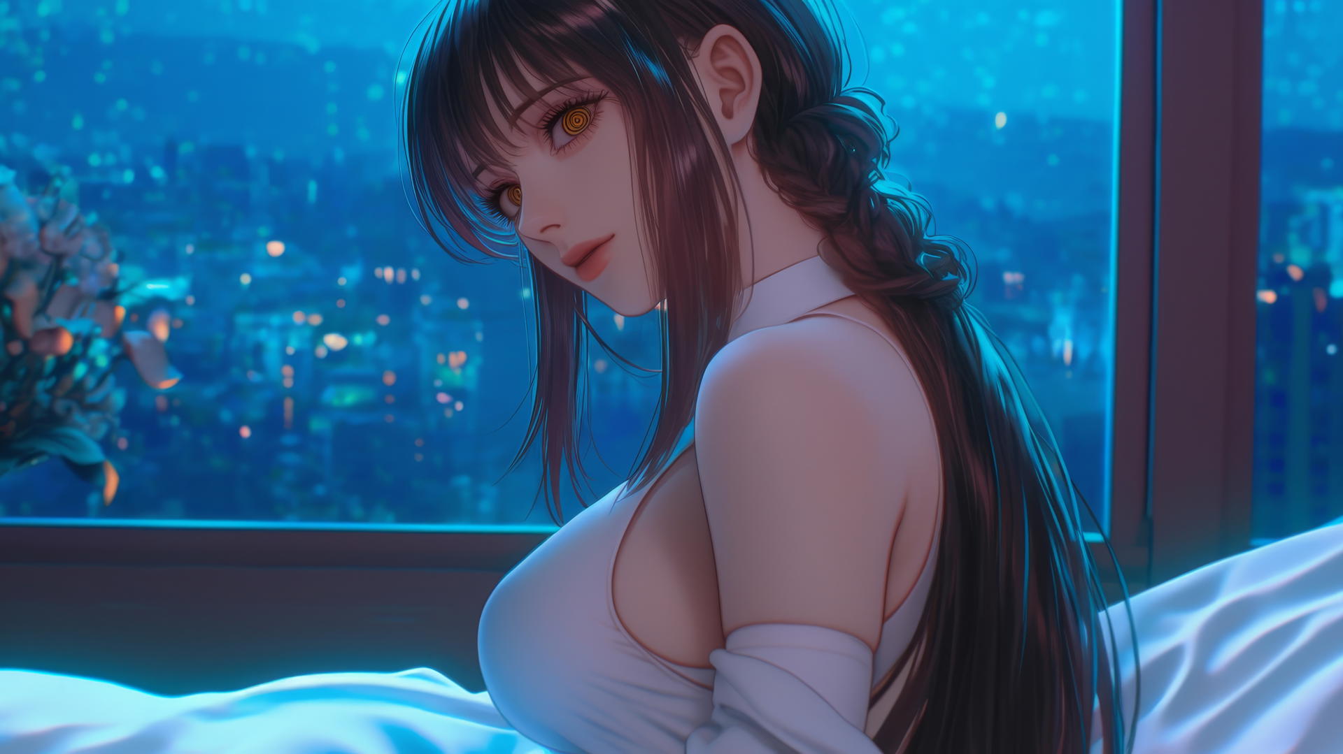 Makima from Chainsaw Man in moonlit room, ambiguous posture