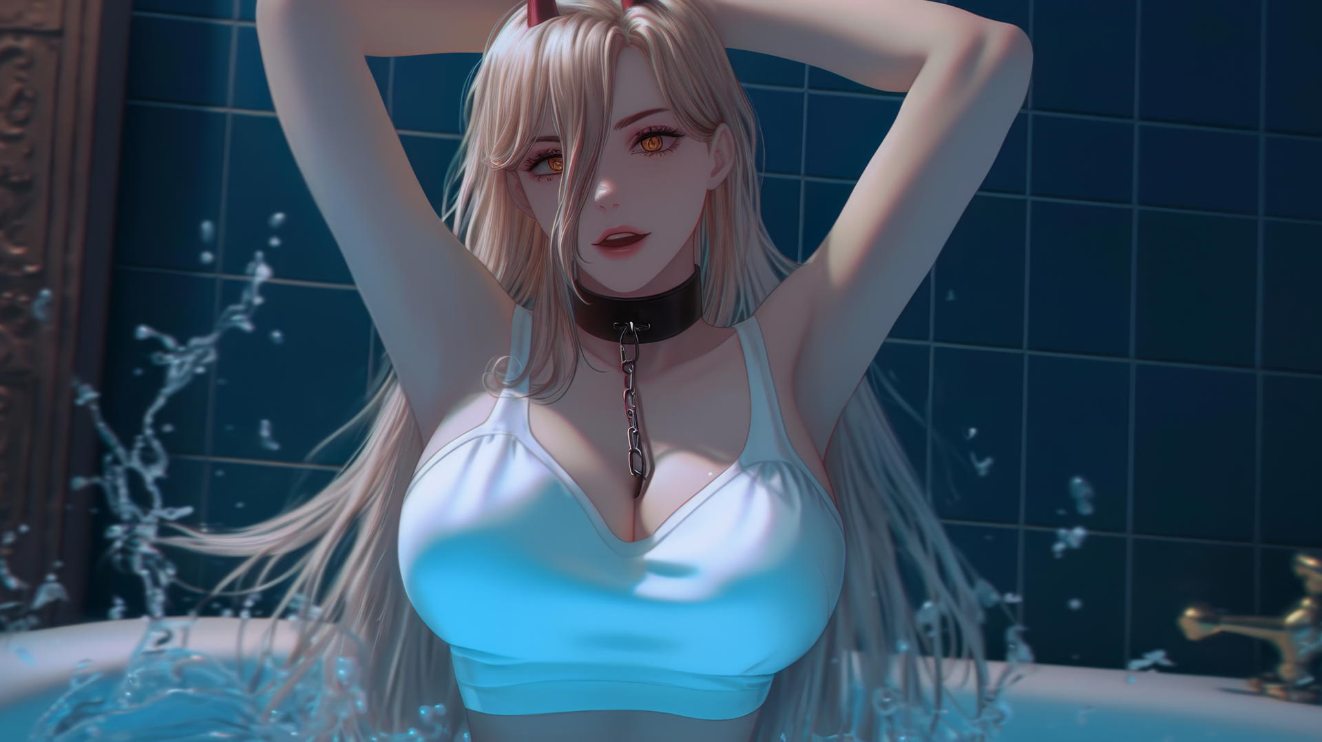 Power from Chainsaw Man with chains, jumping from a tub, moonlit glow