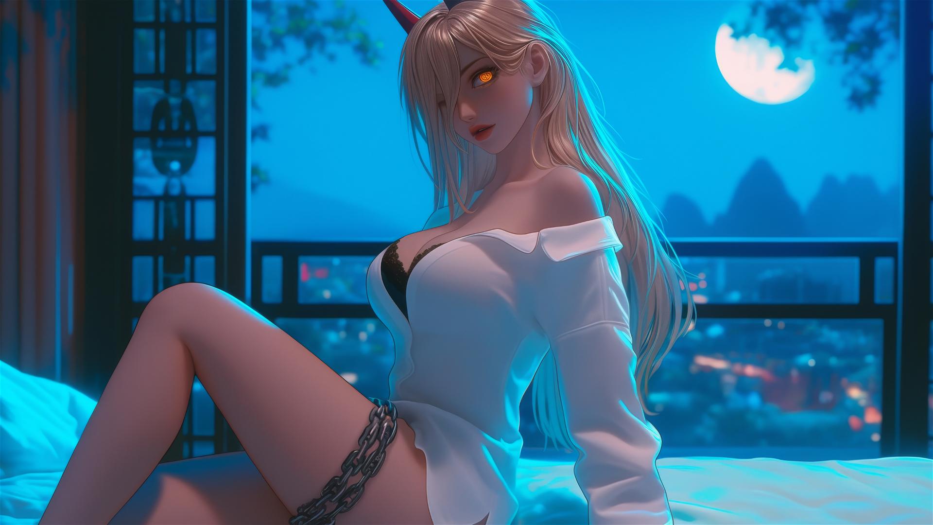 Power from Chainsaw Man in a modern hotel room, neck locked with thick iron chains, bathed in moonlight, blonde hair, light red horns, yellow eyes.