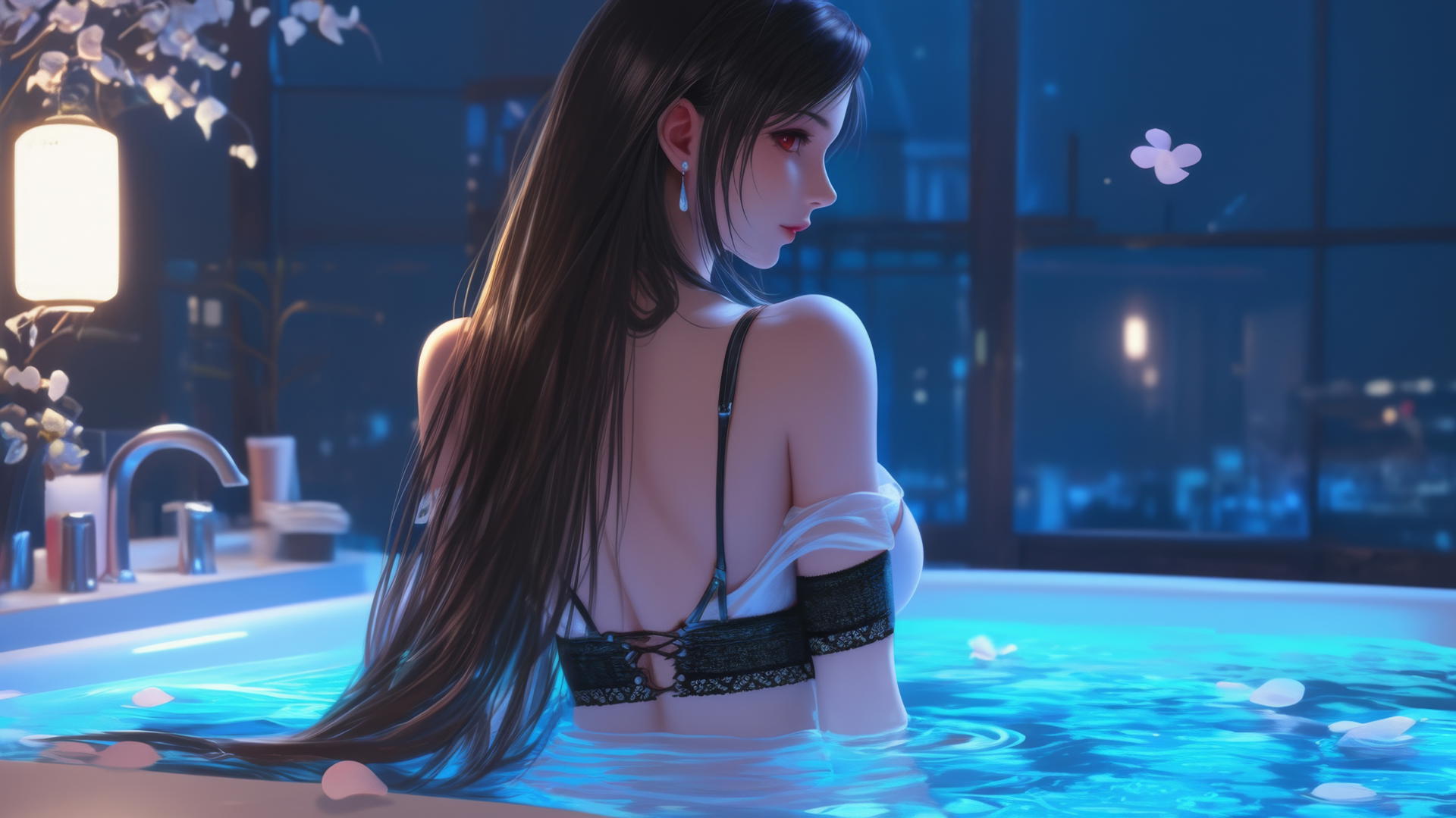 Tifa Lockhart from Final Fantasy in a modern apartment, warm light glow