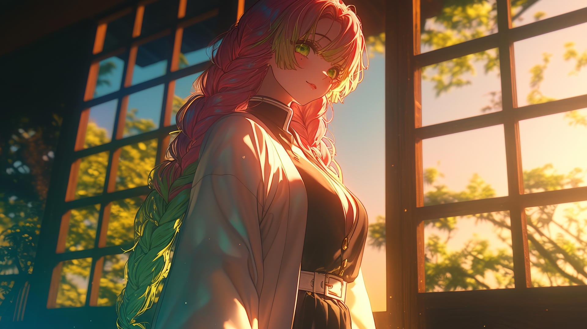 Mitsuri Kanroji by modern apartment window at sunrise with warm light