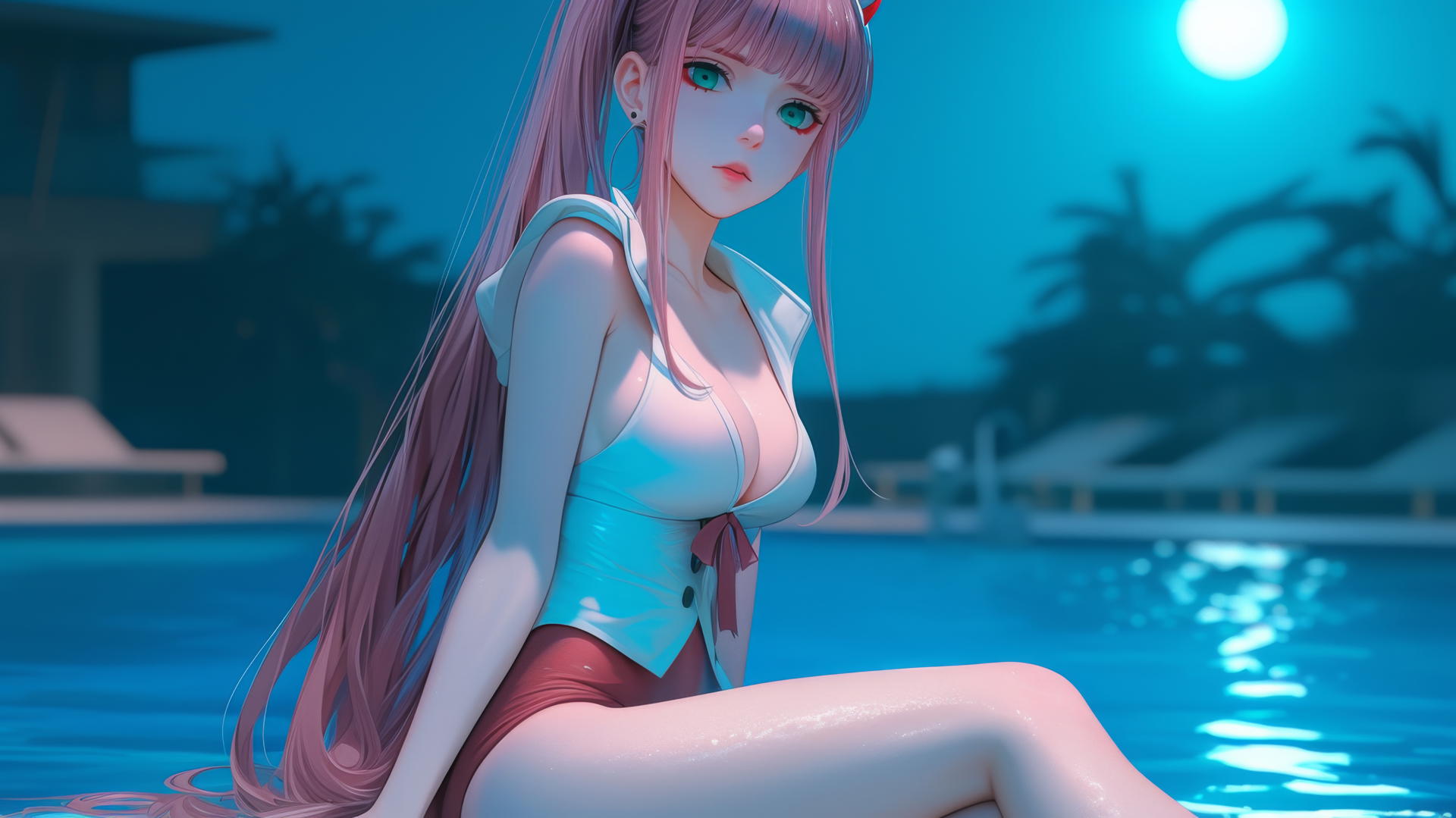 Zero Two from DARLING in the FRANXX resting by a rainy swimming pool with moonlight.