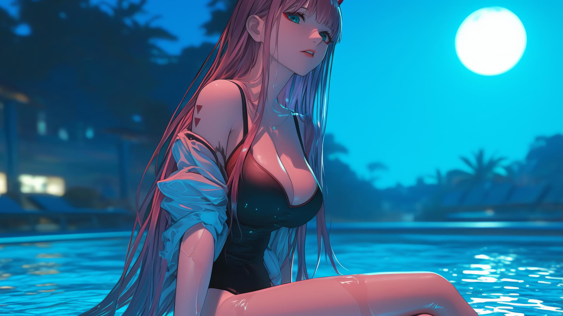 Zero Two from DARLING in the FRANXX by a rainy pool with soft moonlight.