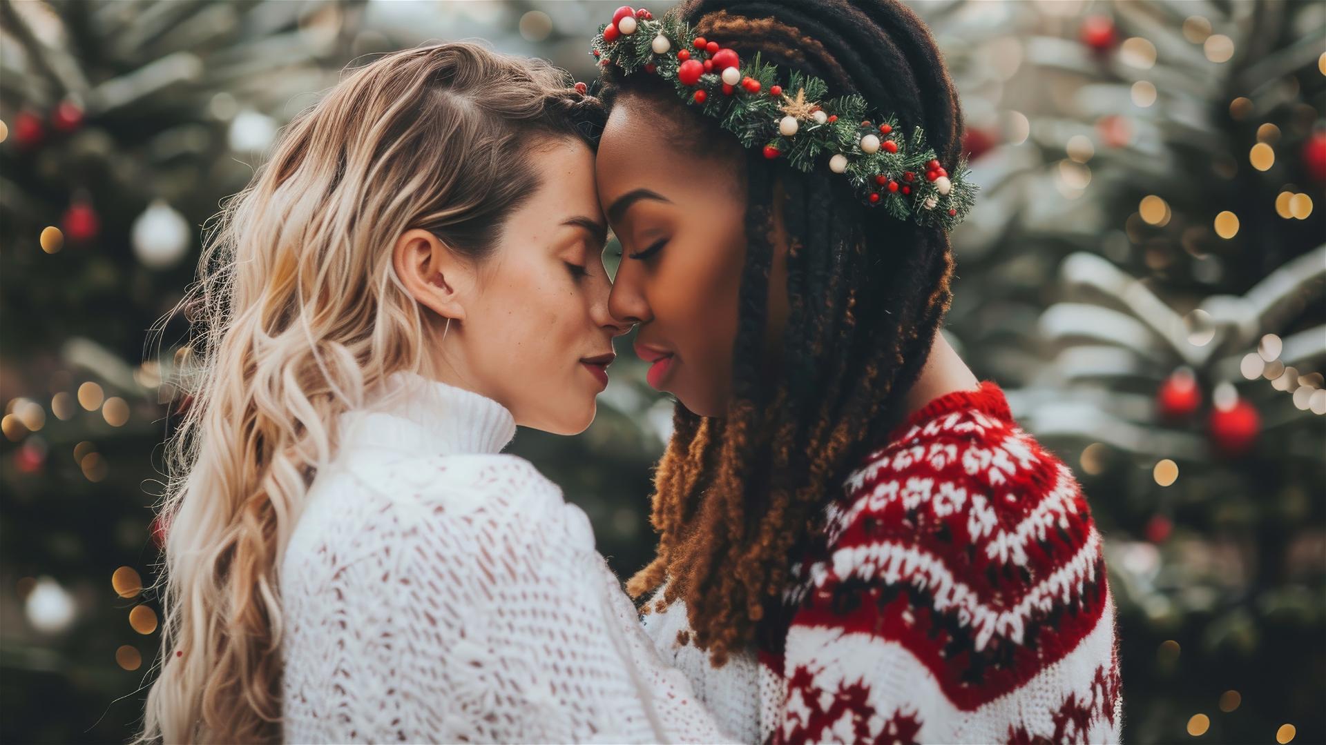Two women kissing in Christmas outfits