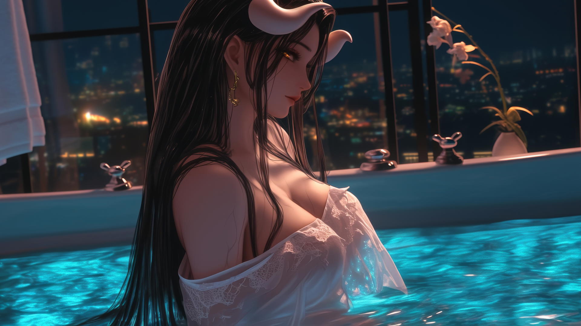 Albedo from Overlord in a modern hotel room tub, illuminated by warm light with golden irises and crooked horns.