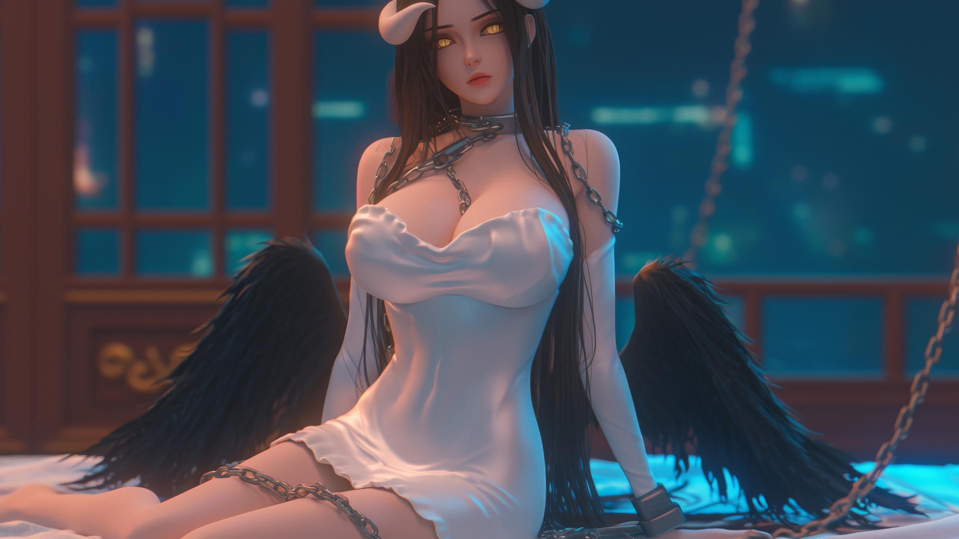 Albedo from Overlord, chained, in a modern hotel room with warm light.