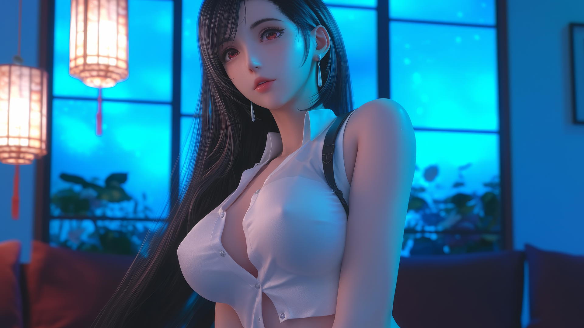 Tifa Lockhart kneeling and looking down, in a white office shirt with neon light glow