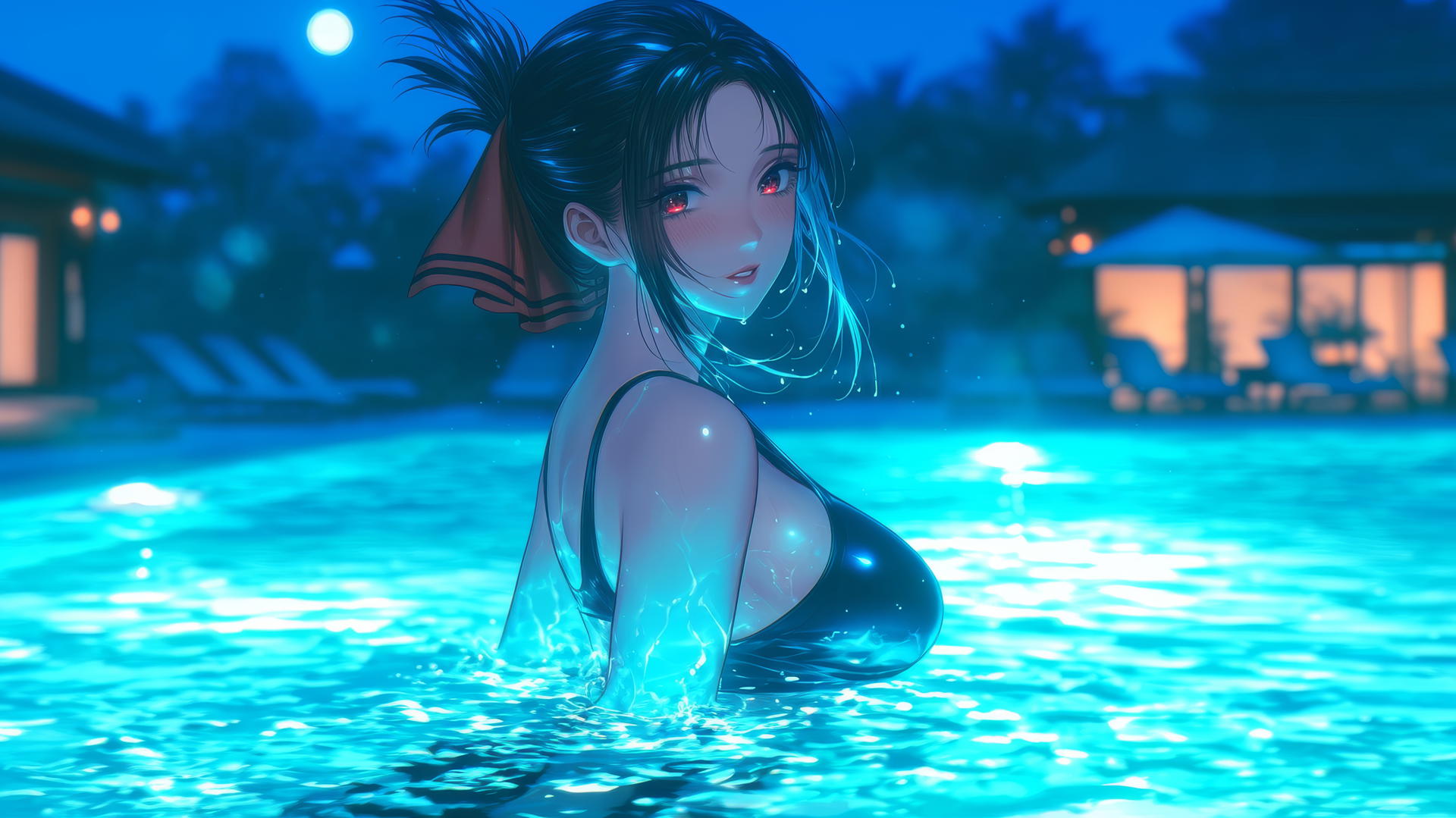 Kaguya Shinomiya jumping out of a swimming pool under moonlight