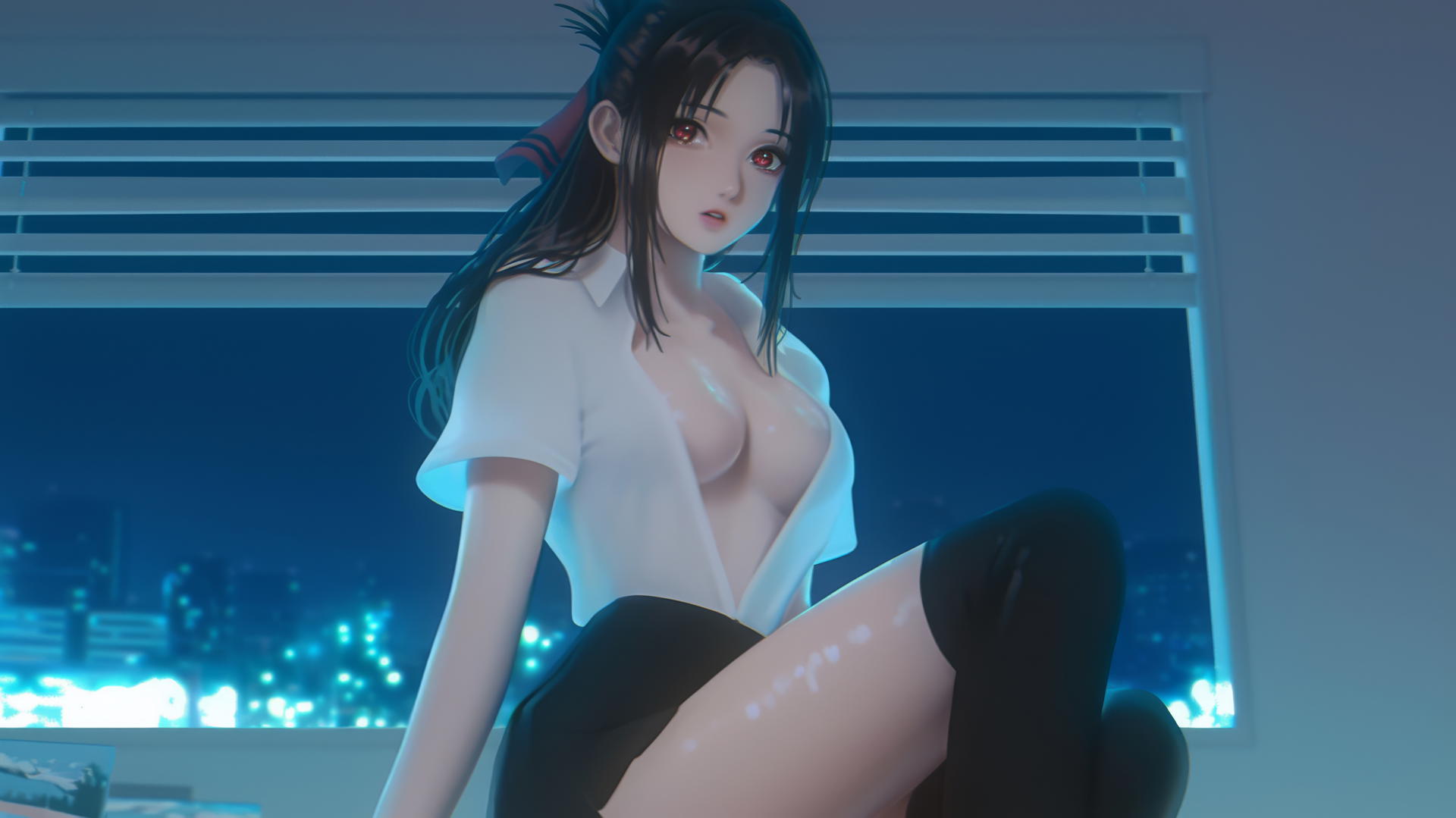 Kaguya Shinomiya in a worn-out office shirt kneeling with red eyes, under neon ceiling lights.