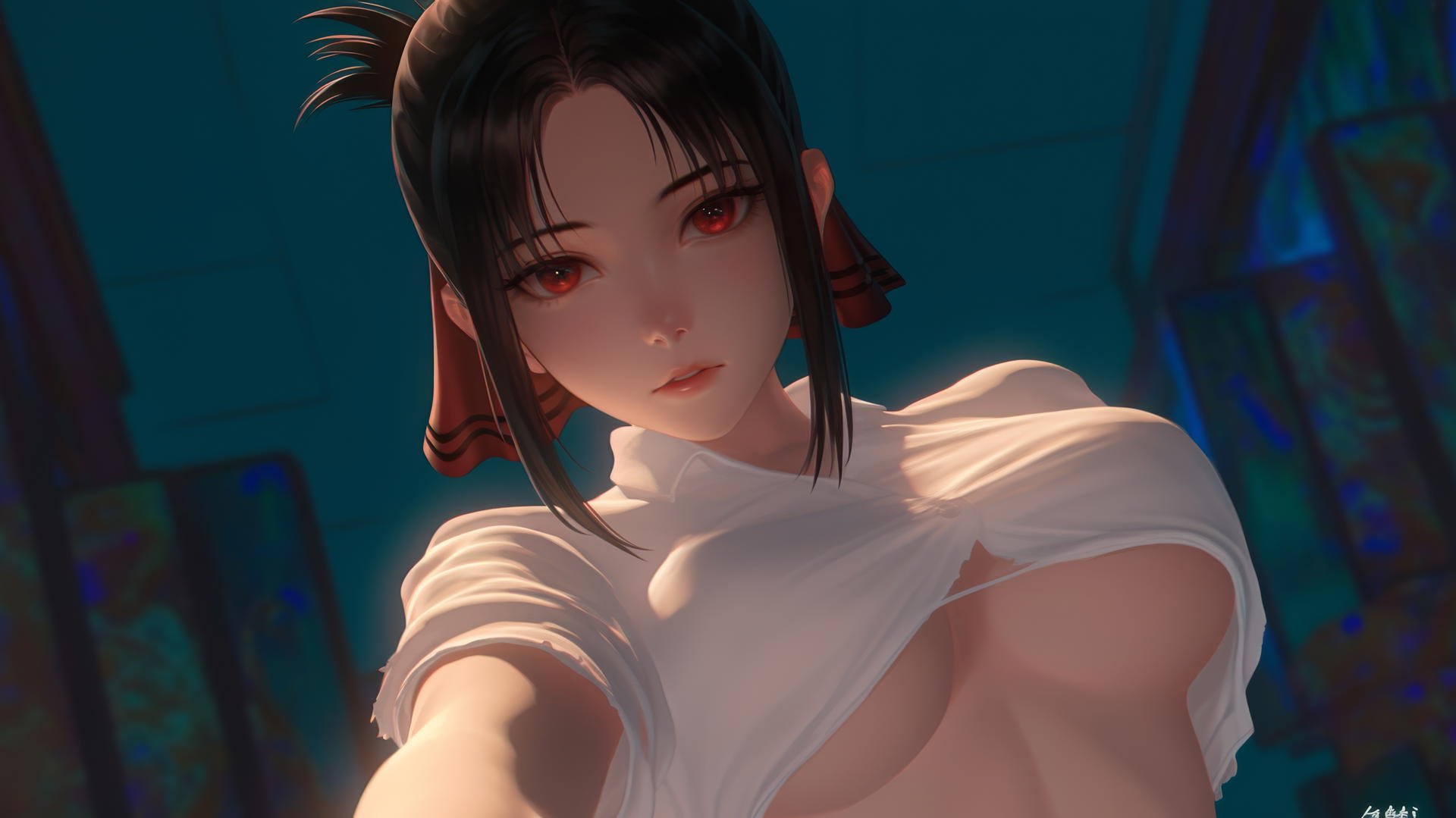 Kaguya Shinomiya from Kaguya-sama wa Kokurasetai kneeling, red eyes, worn-out white shirt, neon lights casting a glow.