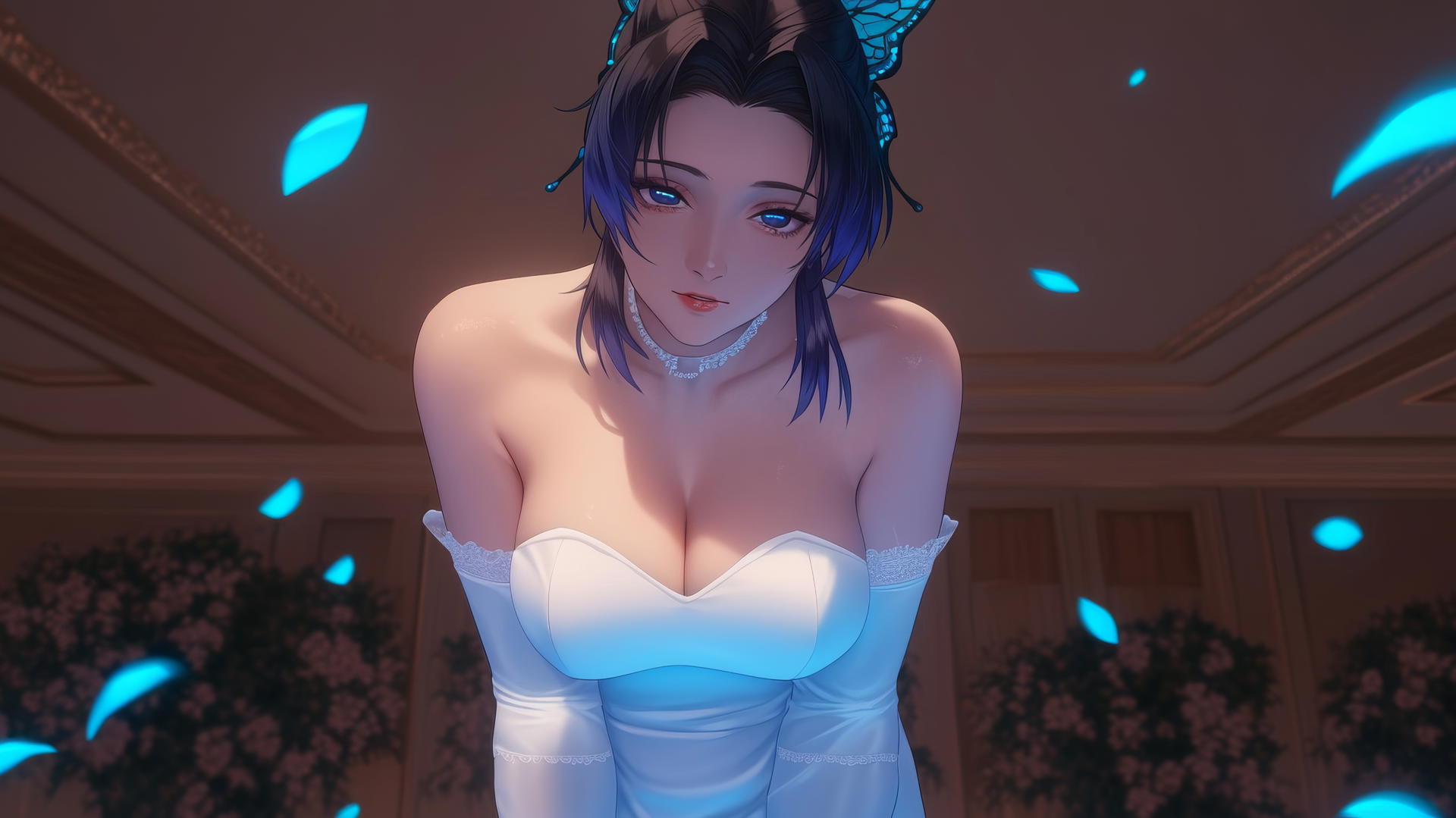 Shinobu Kocho from Demon Slayer in wedding dress, kneeling, with hotel ceiling background.