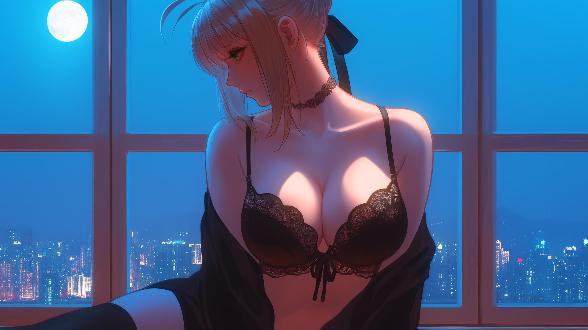 Saber from Fate Zero with green eyes kneeling in a modern hotel room illuminated by moonlight.