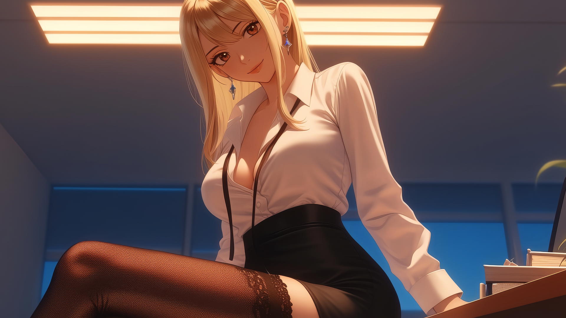 Lucy Heartfilia kneeling and leaning forward with warm light, seen from below.
