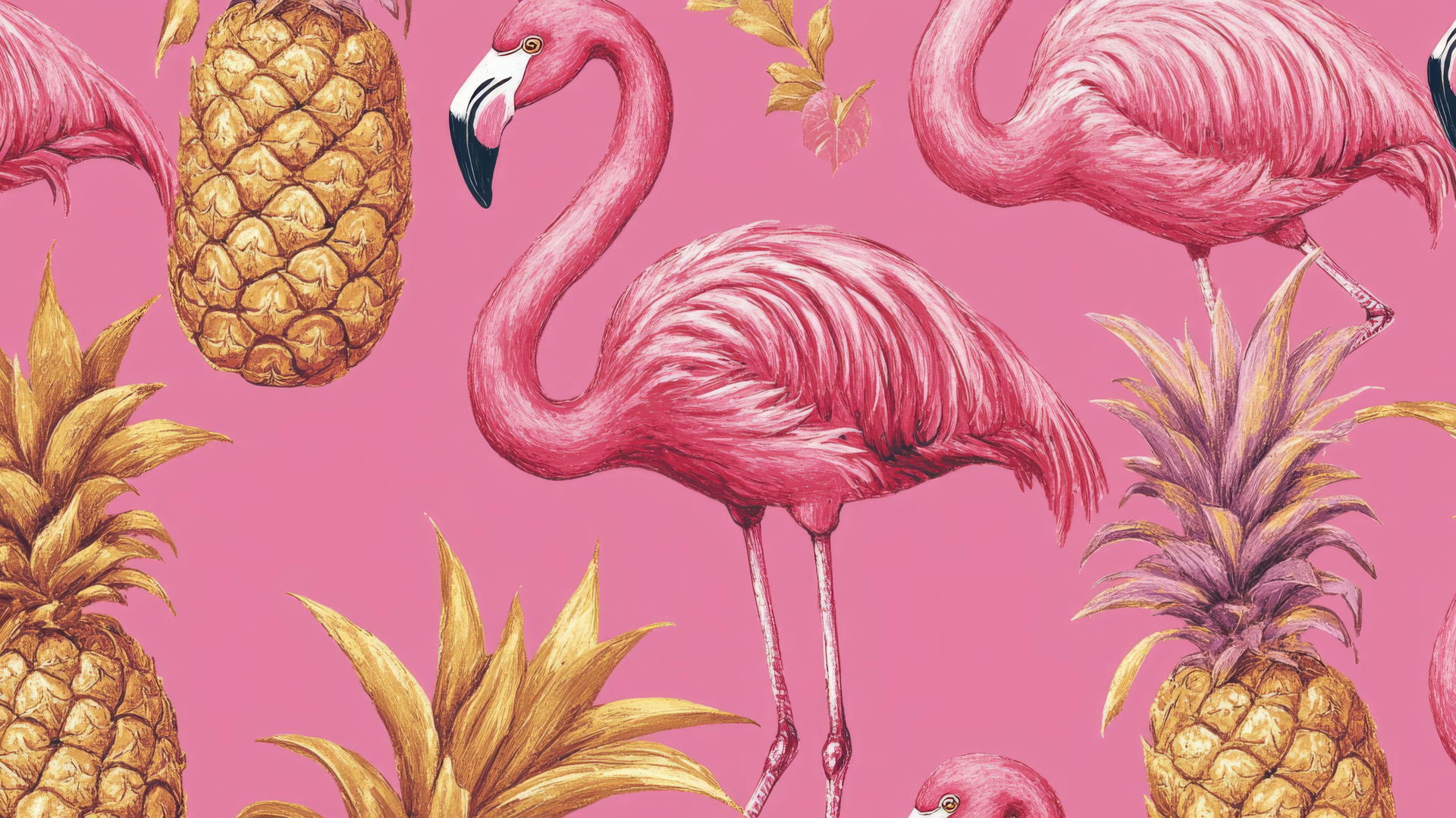 sophisticated preppy wallpaper pink with flamingos, pineapples in gold accents