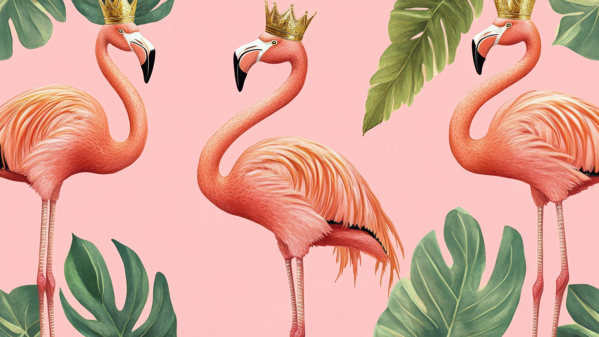 preppy pink wallpaper with pink flamingos wearing gold crowns among tropical leaves on a pastel pink background
