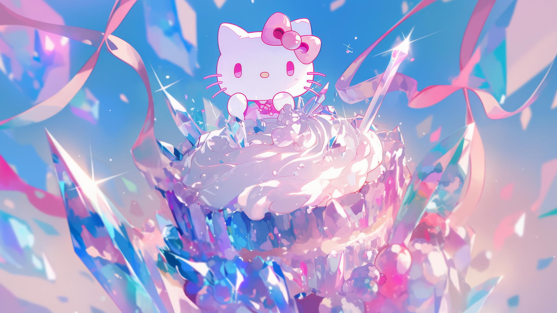 y2k hello kitty wallpaper aesthetic with crystals, gemstones, iridescent textures