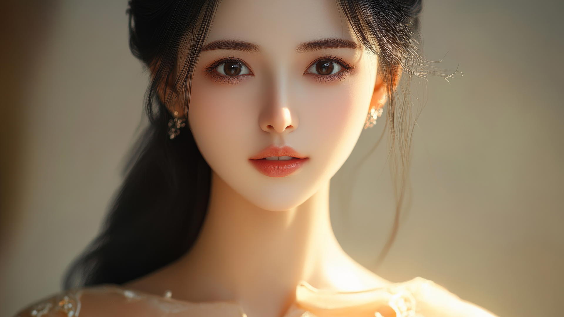 Woman in Chinese costume with long black hair, smiling, side-lit