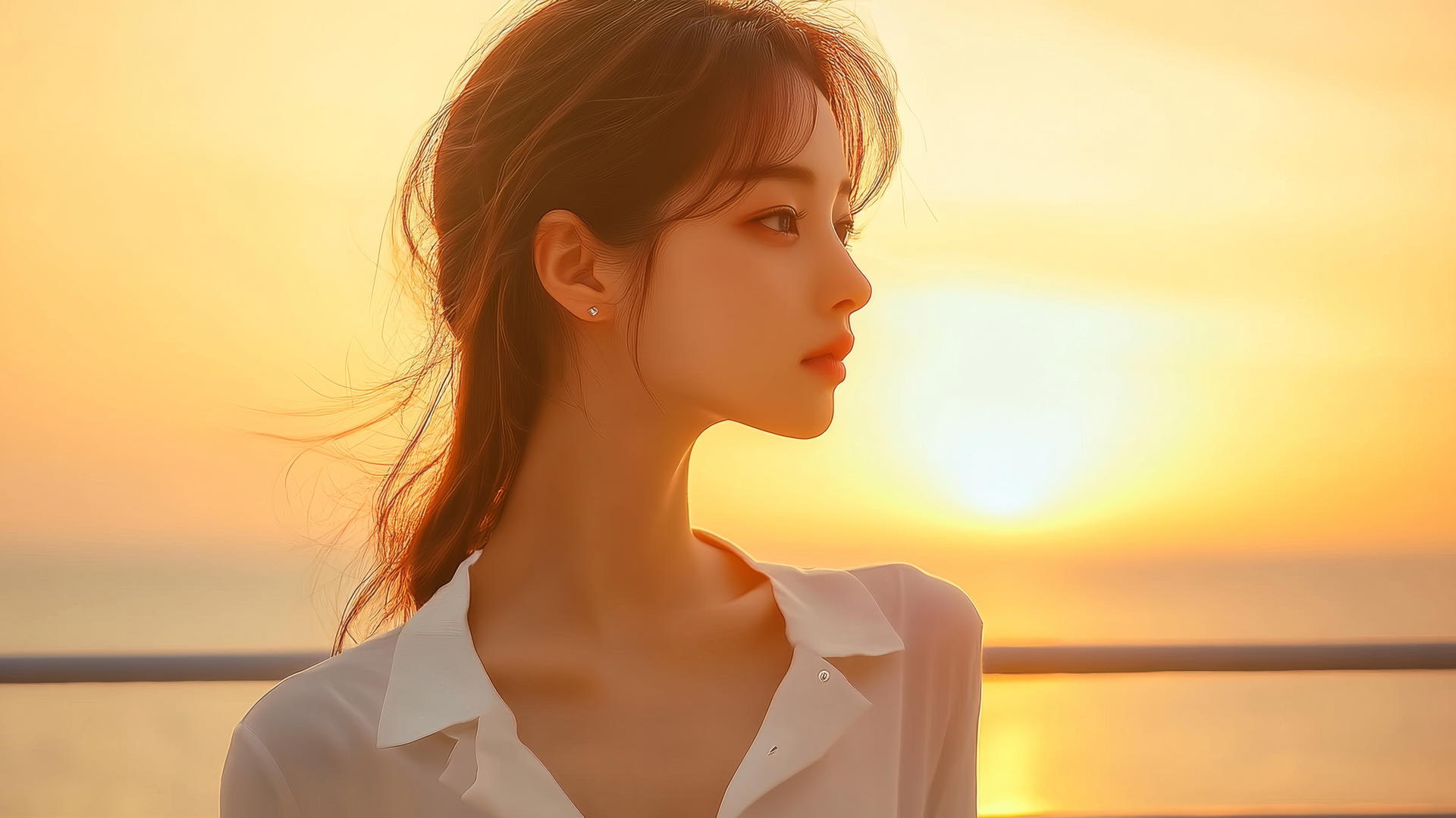 Korean pop star girl in a white shirt on a balcony at sunset with an ocean horizon