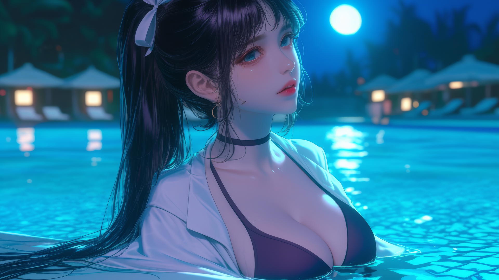 woman resting by a swimming pool under moonlight