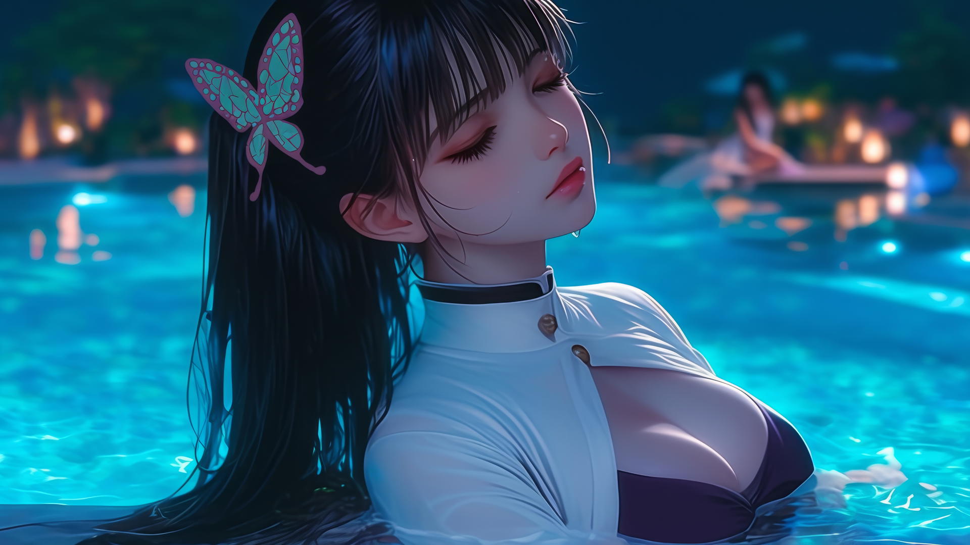 Kanao Tsuyuri from Demon Slayer resting by a swimming pool under moonlight.