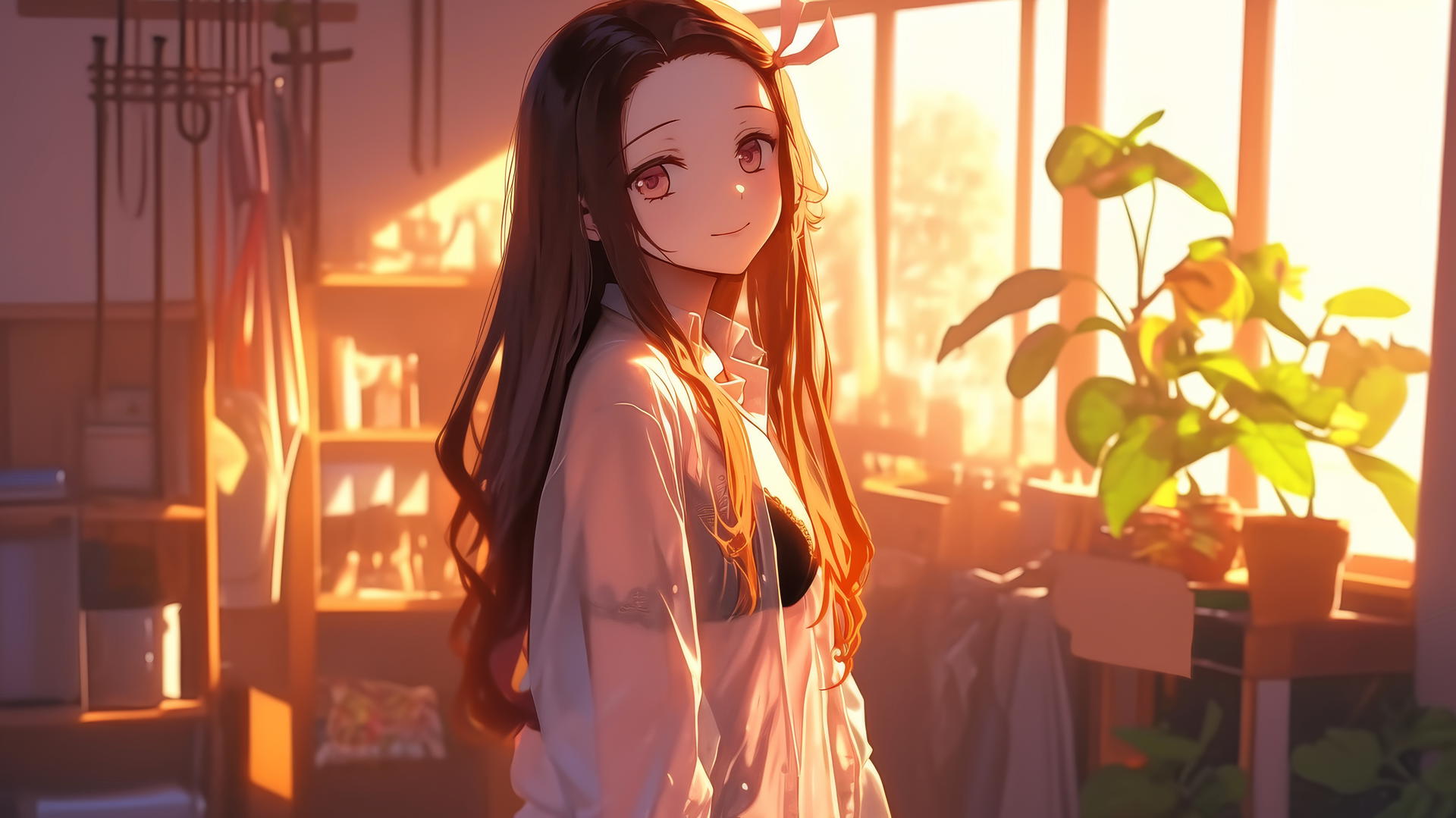 Demon Slayer wallpaper with Nezuko in an office shirt, standing at sunrise in a modern apartment, with warm light glowing softly around her.