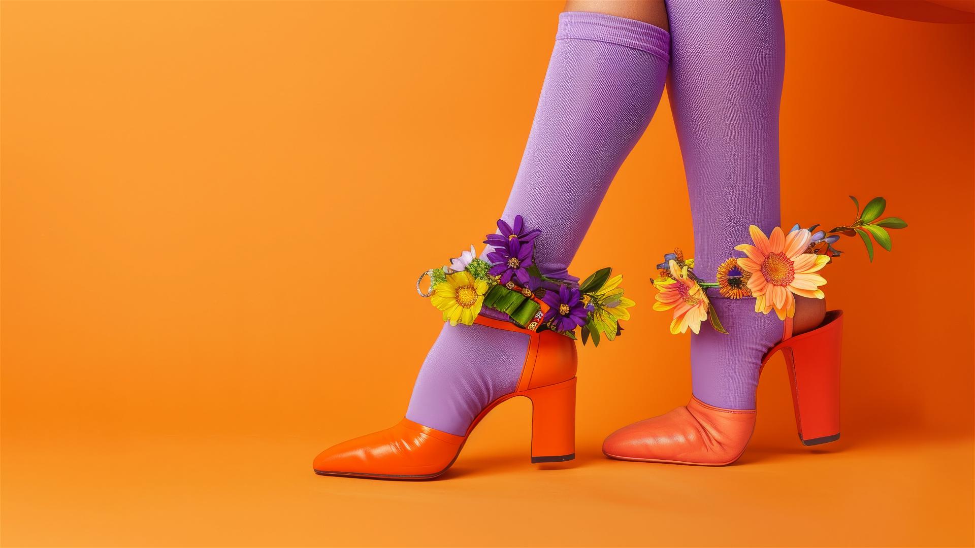 leg with purple socks, orange high heels, flowers growing from socks, colorful bracelets, solid orange background