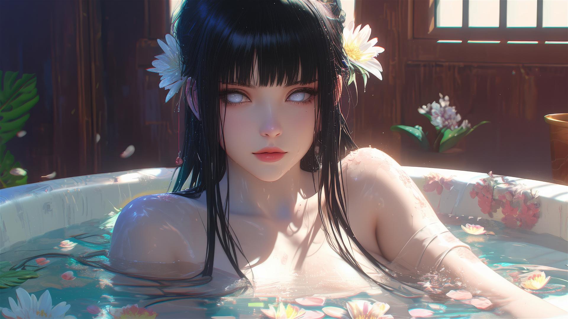 Hinata Hyuga from Naruto in a tub of flowers at a Chinese spa with white eyes