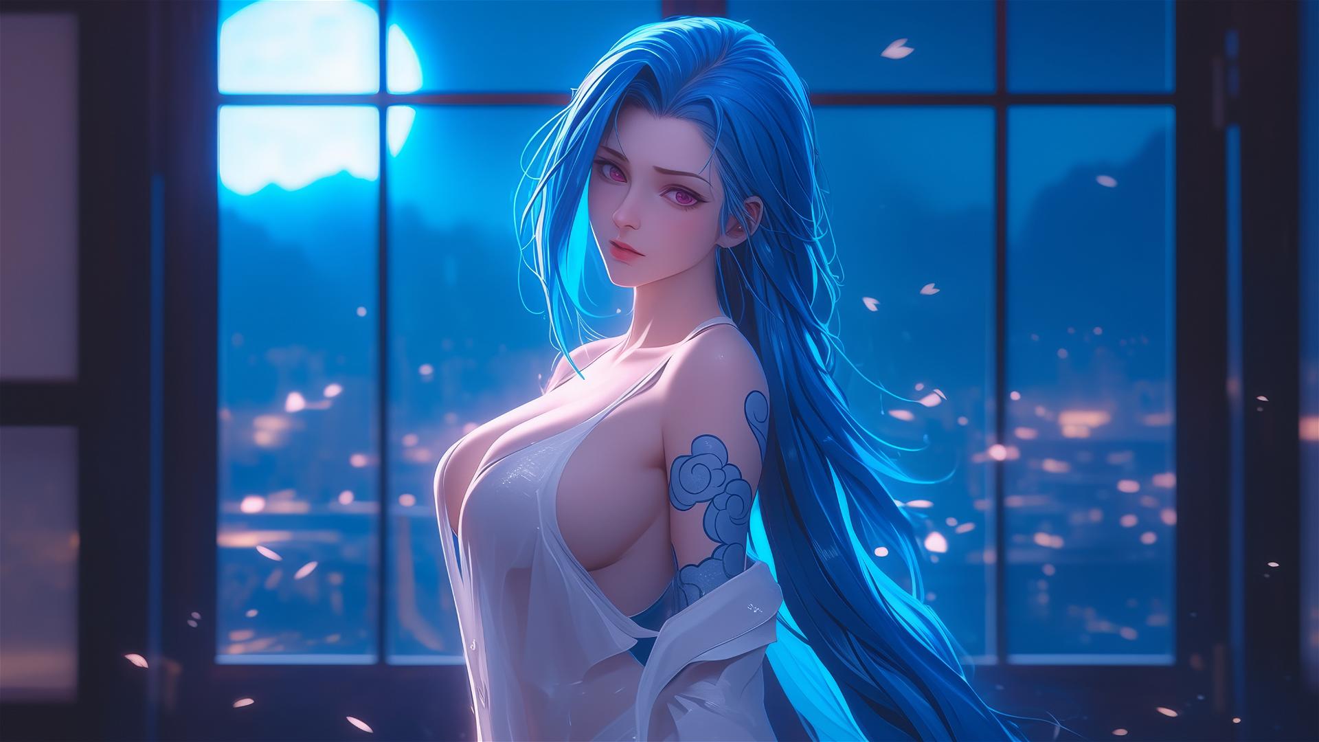 Full body shot of Jinx from League of Legends standing in an apartment with moonlight glow.
