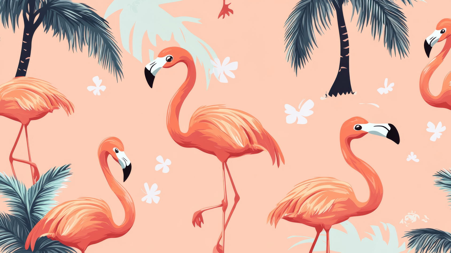 preppy summer wallpaper with cartoon flamingos and palm trees