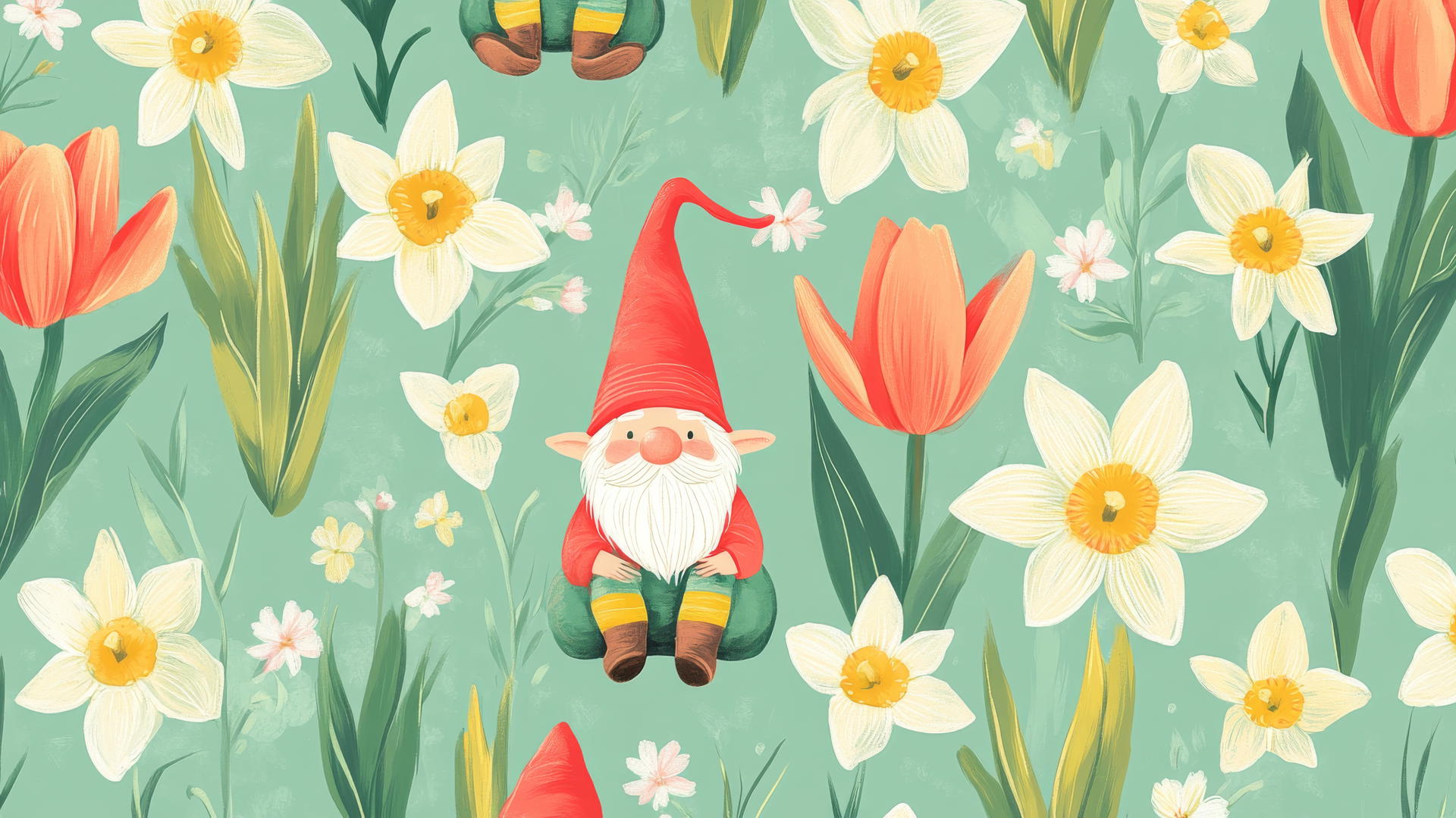 preppy spring wallpaper with garden gnomes, blooming tulips and daffodils on pastel green background