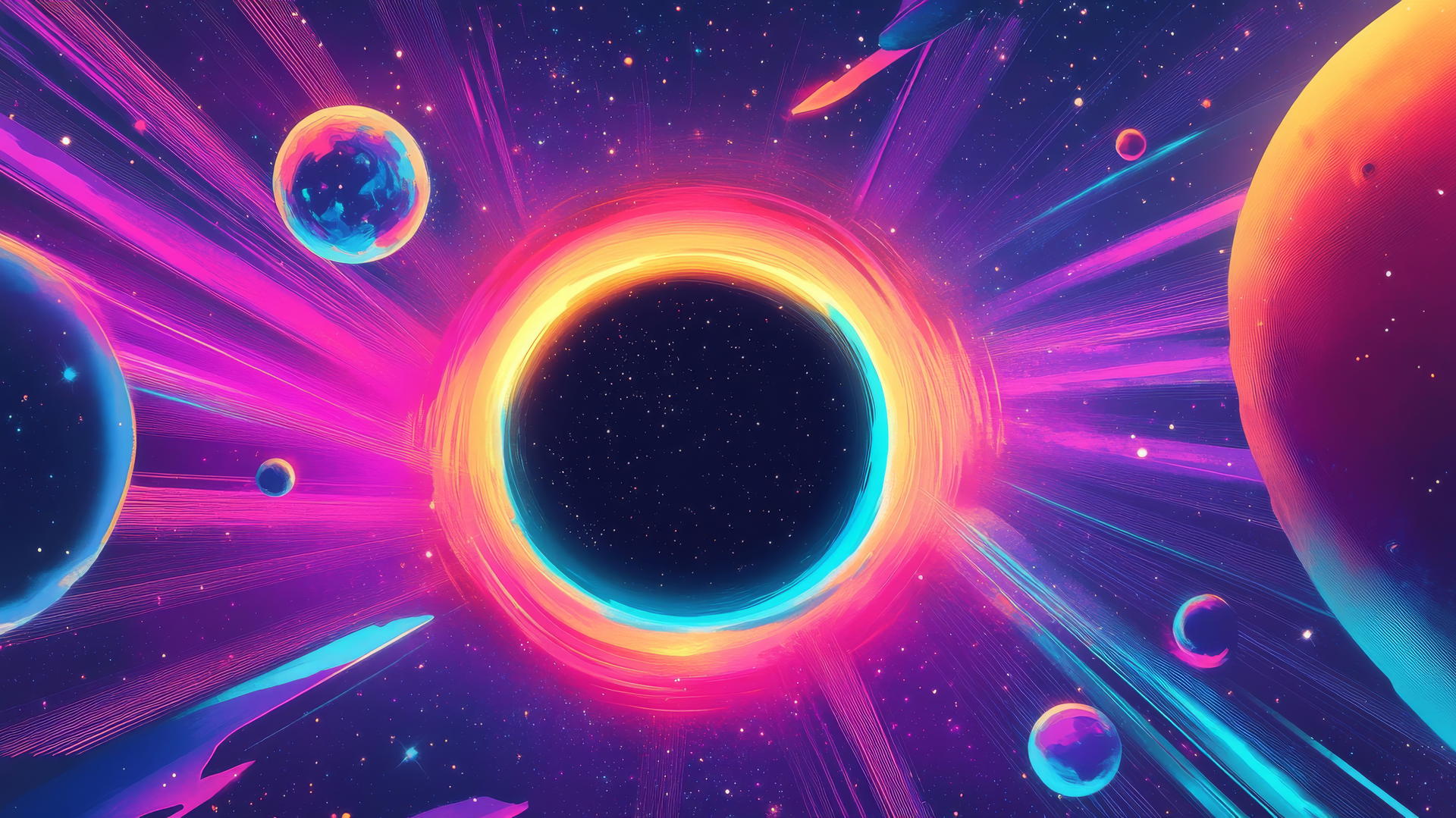black hole wallpaper with neon planets and stars, vintage sci-fi vibe