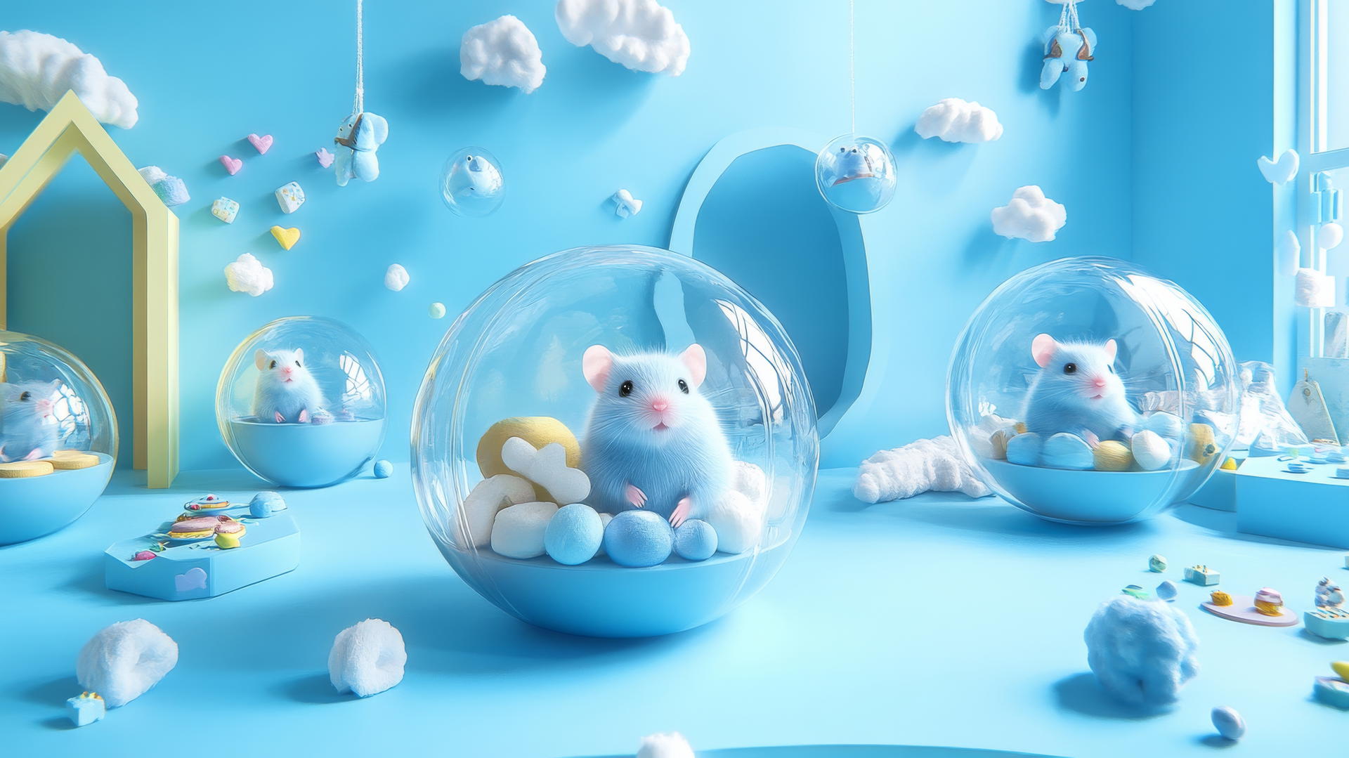 cute blue wallpaper with adorable hamsters in transparent balls in a pastel playroom