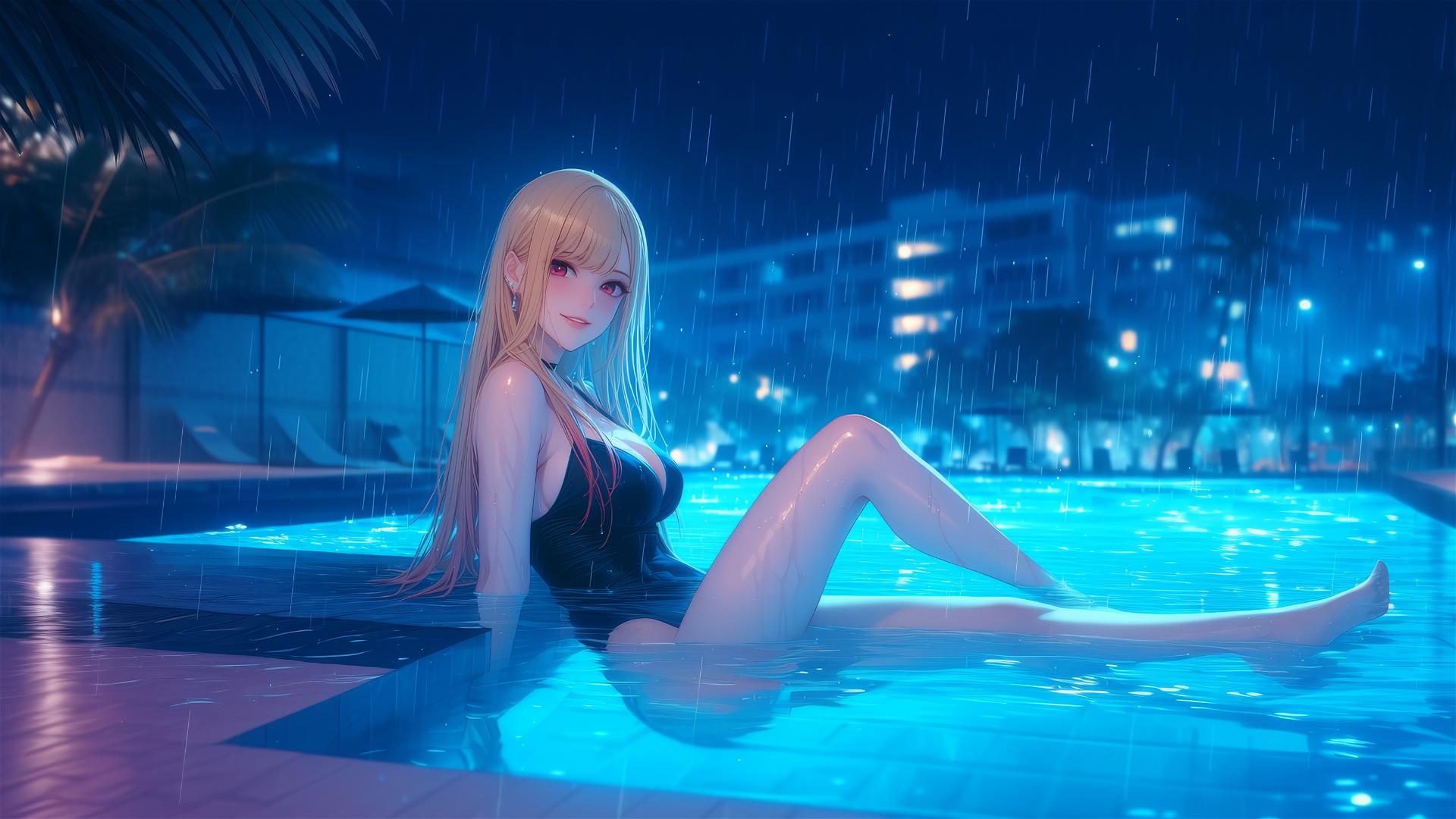 Marin Kitagawa sitting at a rainy pool lit by moonlight with silky blonde hair