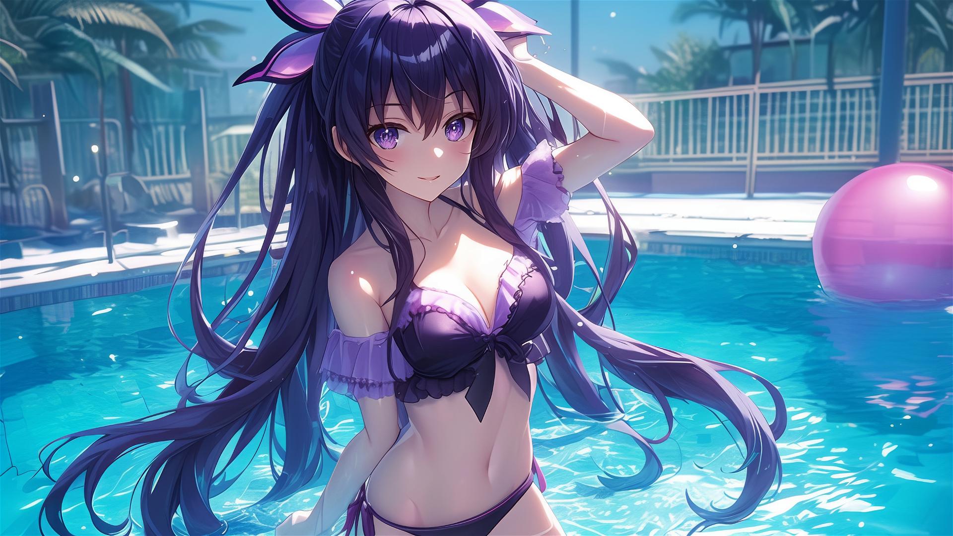 Tohka Yatogami from Date A Live stands leisurely in a pool under moonlight
