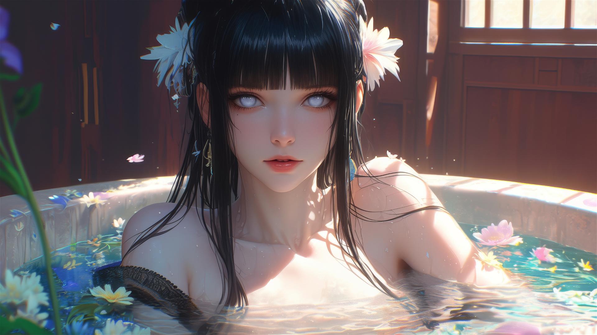Hinata Hyuga in a flower-filled tub at a Chinese spa with white eyes.