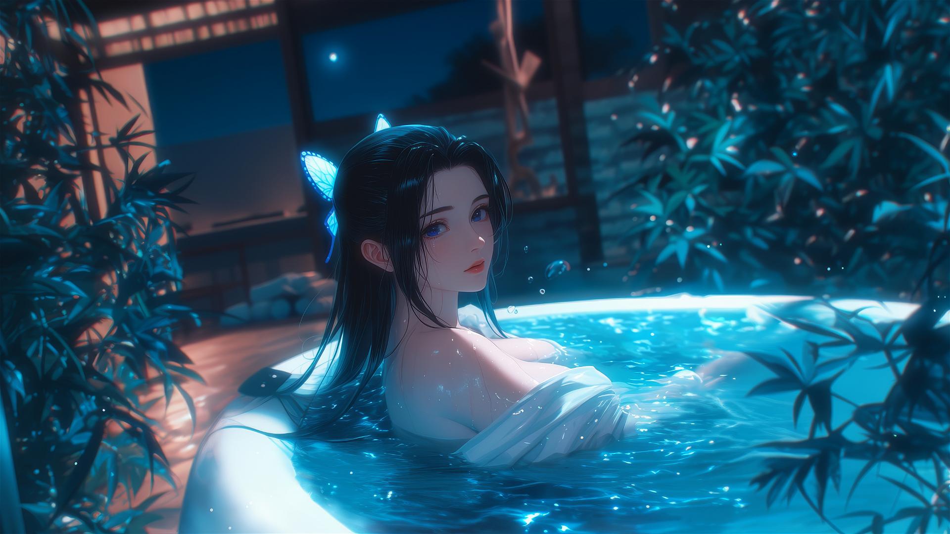 Shinobu Kocho relaxing in a moonlit bathtub
