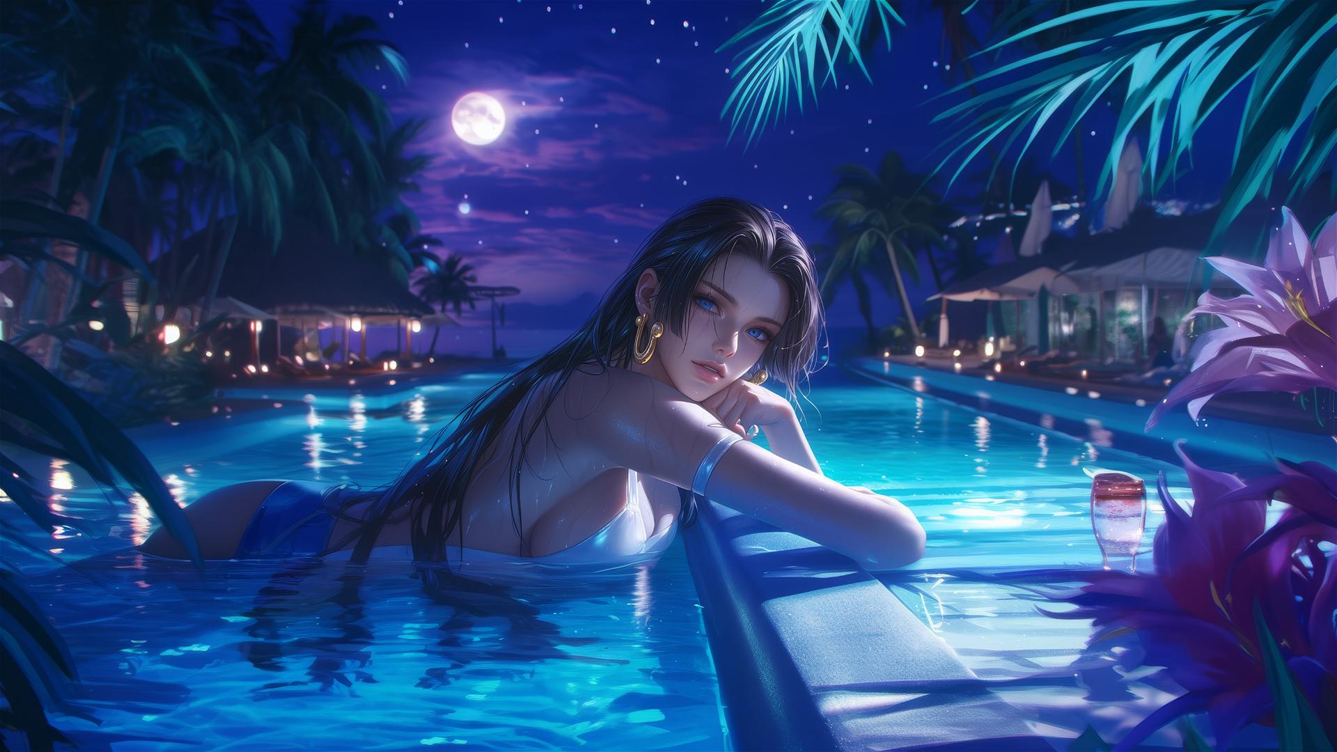 Boa Hancock resting by a swimming pool under moonlight