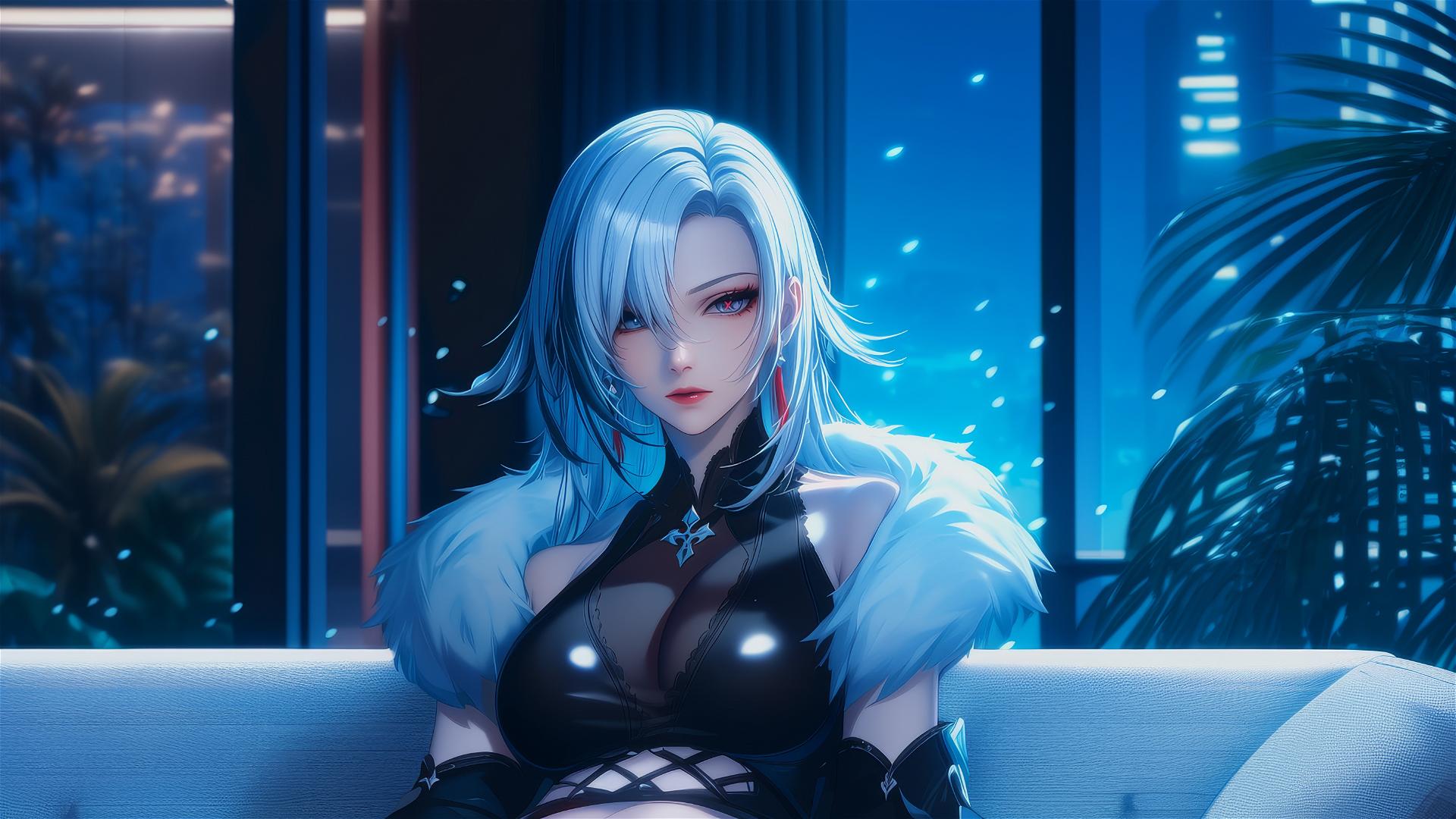 Arlecchino with snow white hair and black streaks, black iris and red 'x'-shaped pupil, in a modern hotel room lit by moonlight.