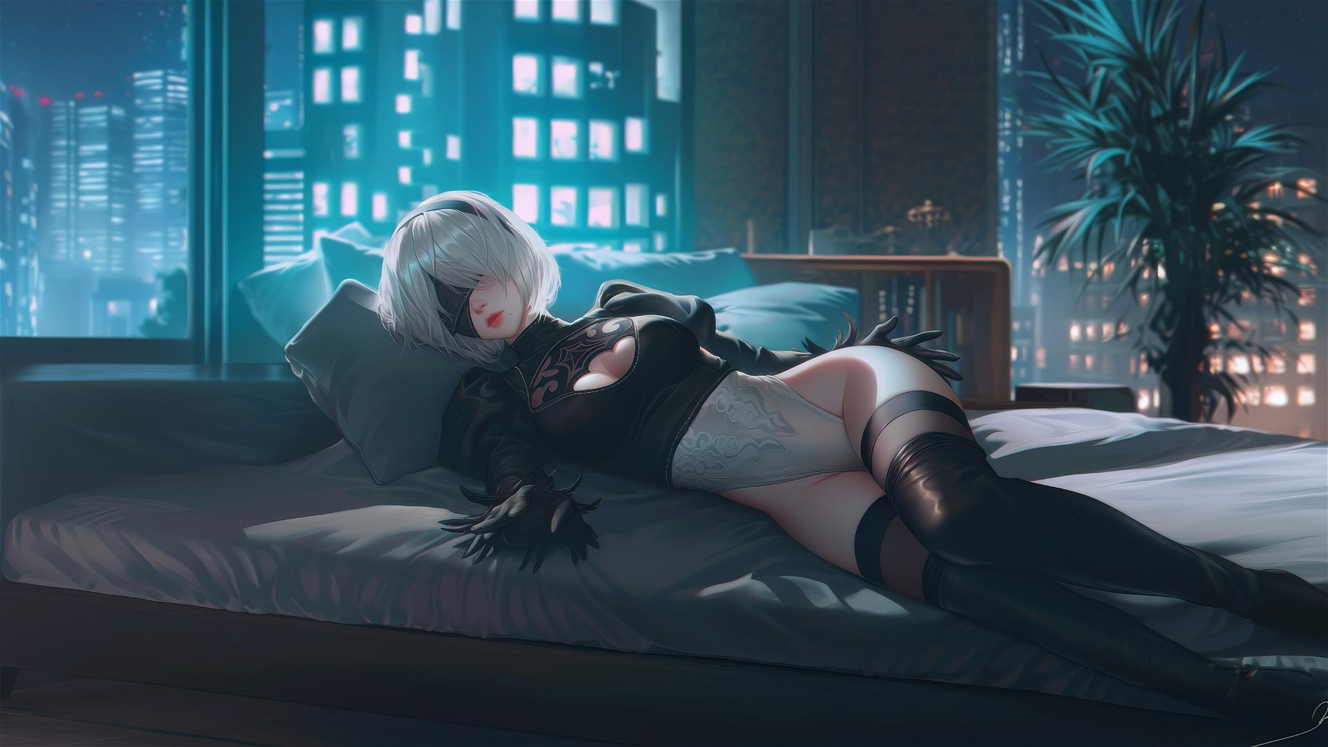 2B from Nier resting in a modern hotel room illuminated by moonlight