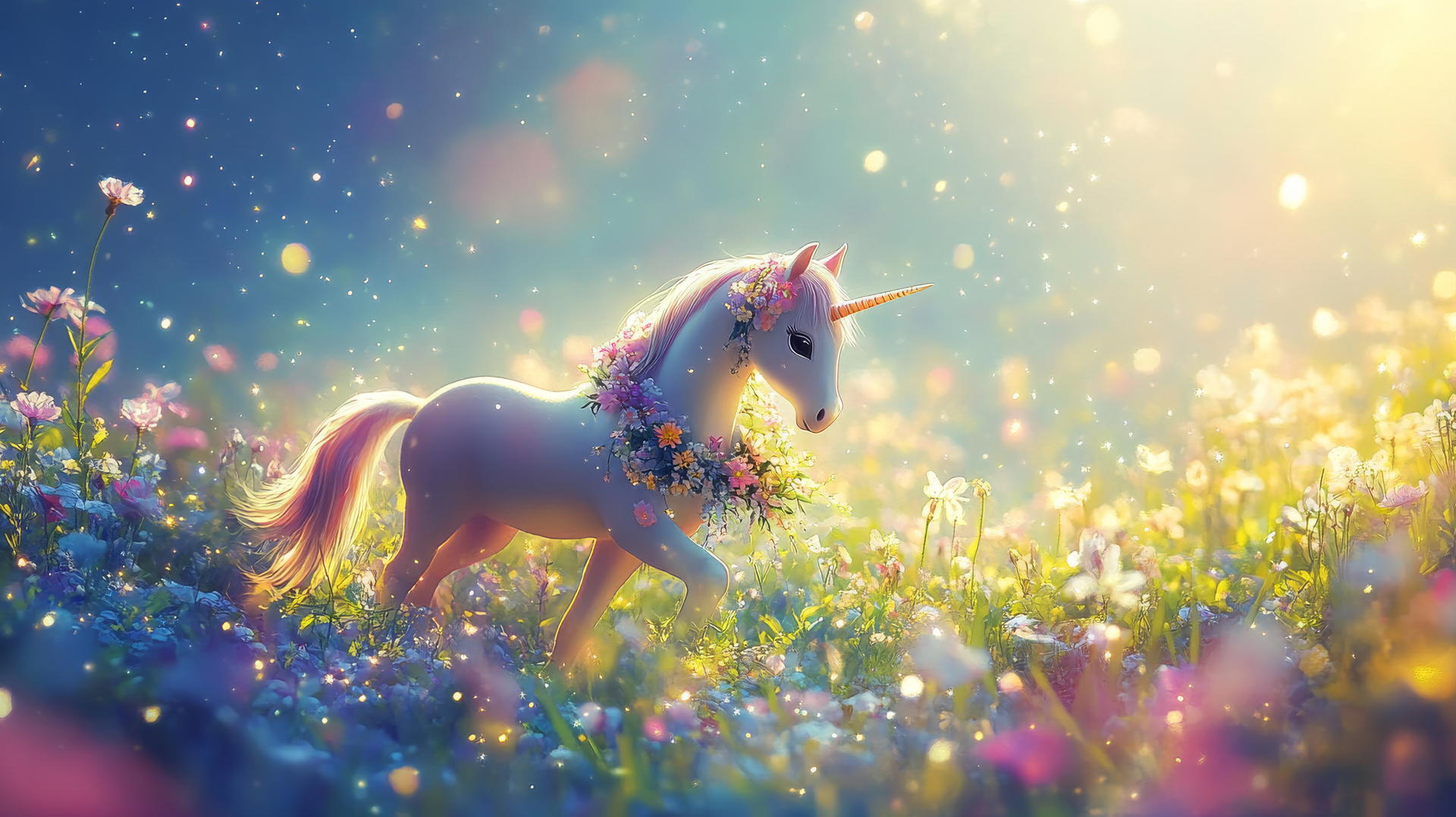 cute spring wallpaper with a tiny unicorn in a field of twinkling flowers