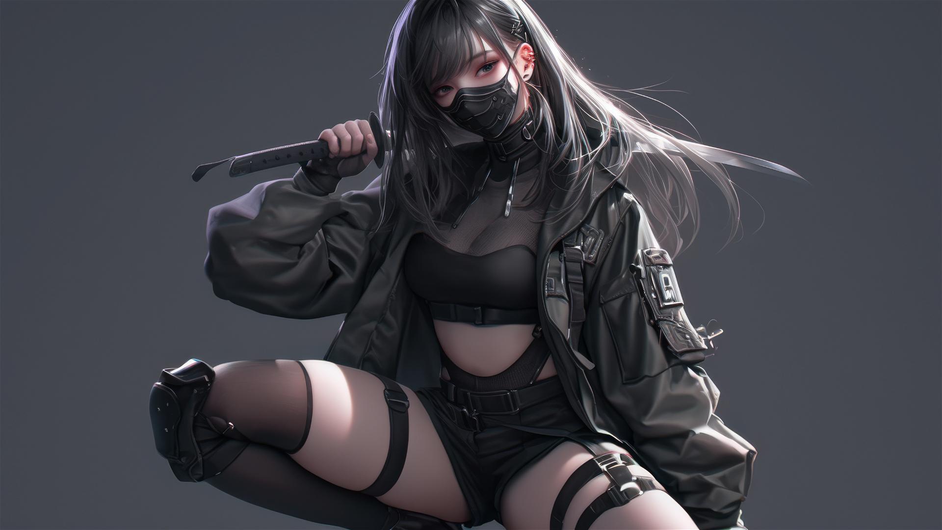 Tactical school girl with masked face in dynamic pose on dark background