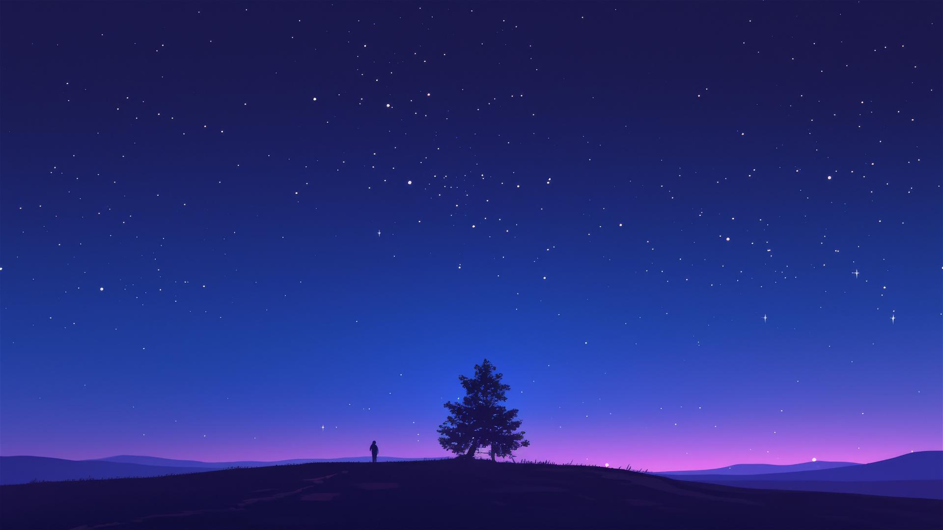 Silhouette of a lone pine against a dark sky with faint starlight